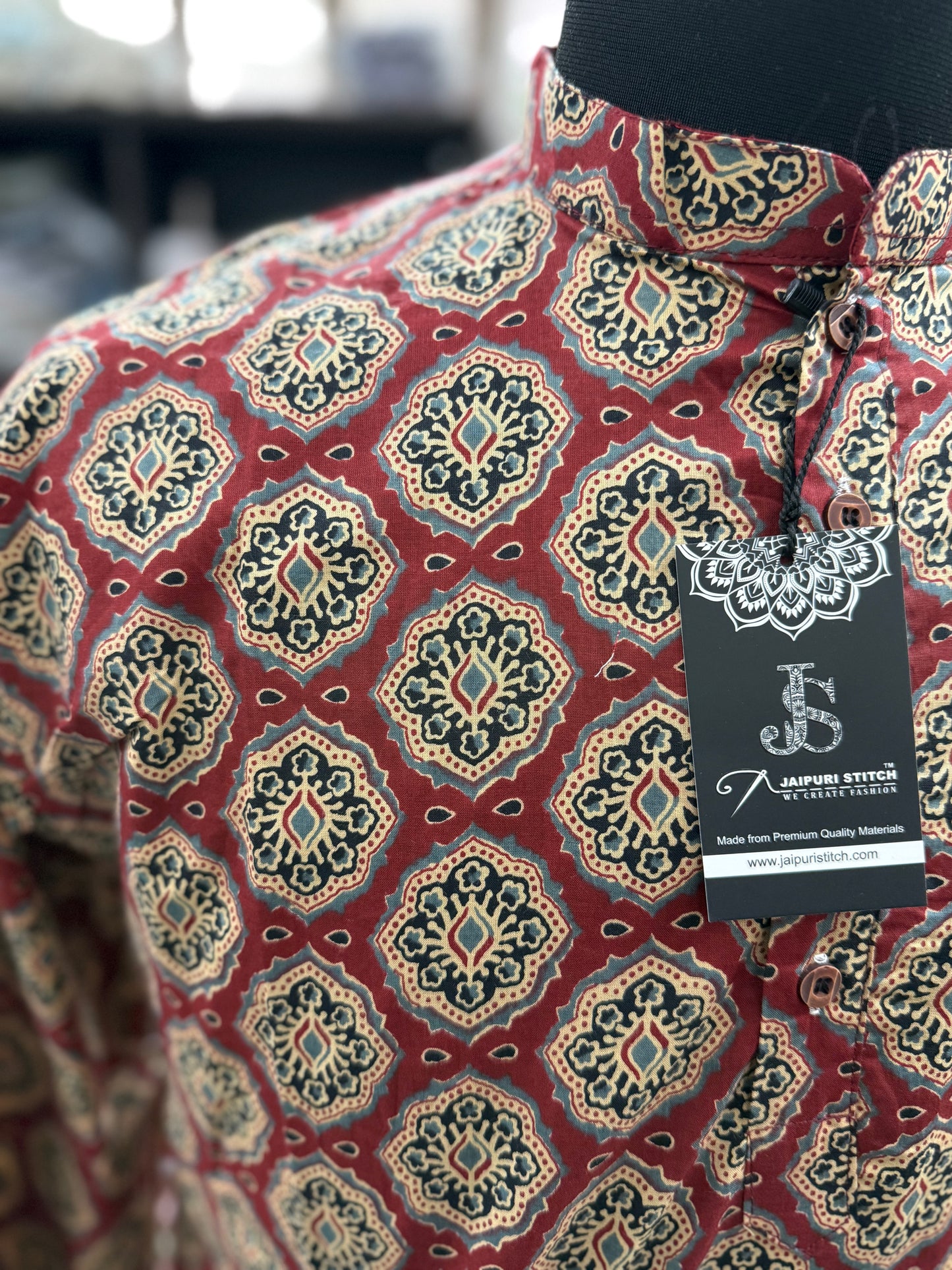 Red Ajrak Jaal Full Sleeves Long Kurta for Men