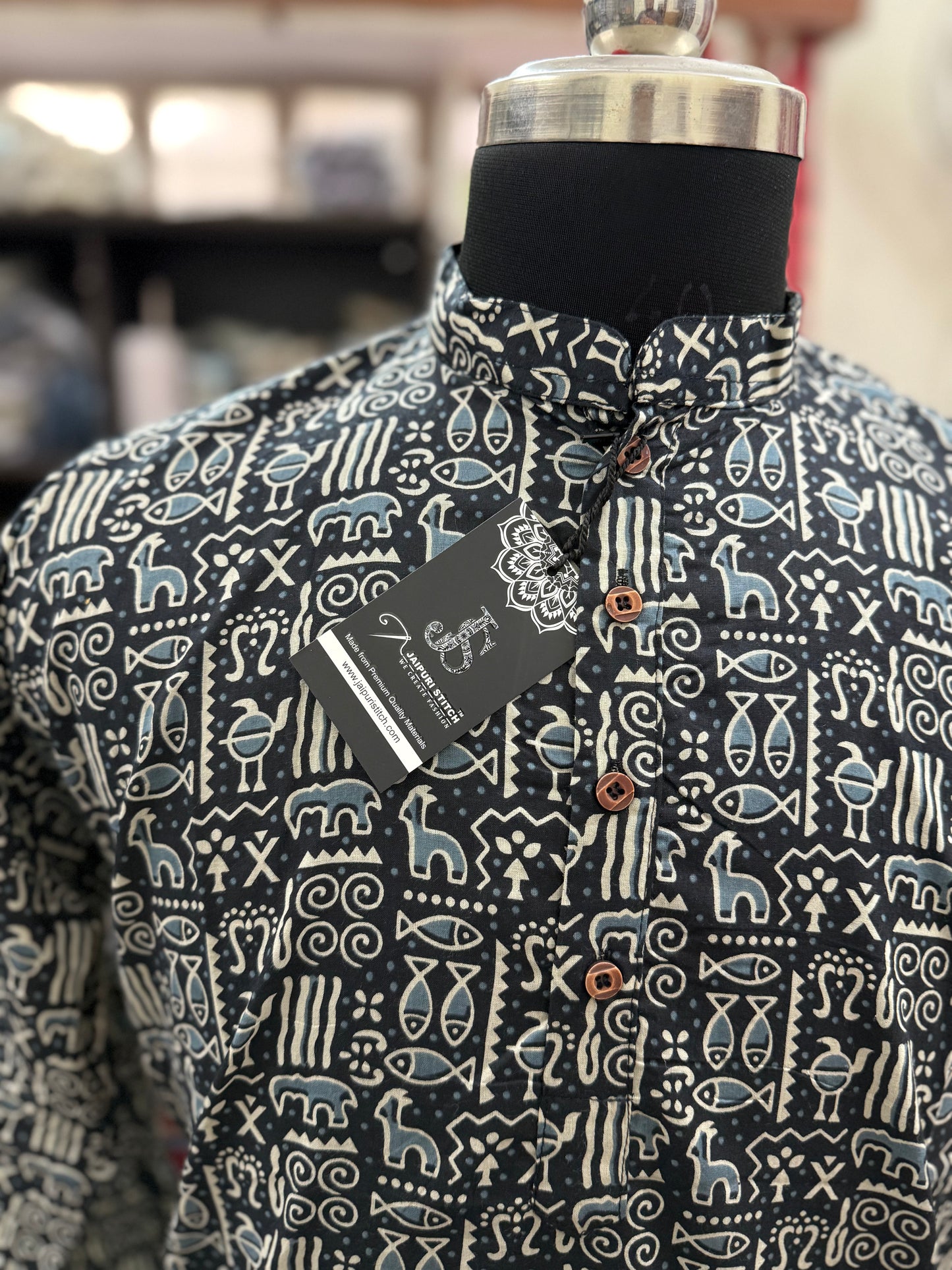 Black And White Tribal Printed Full Sleeves Long Kurta for Mens