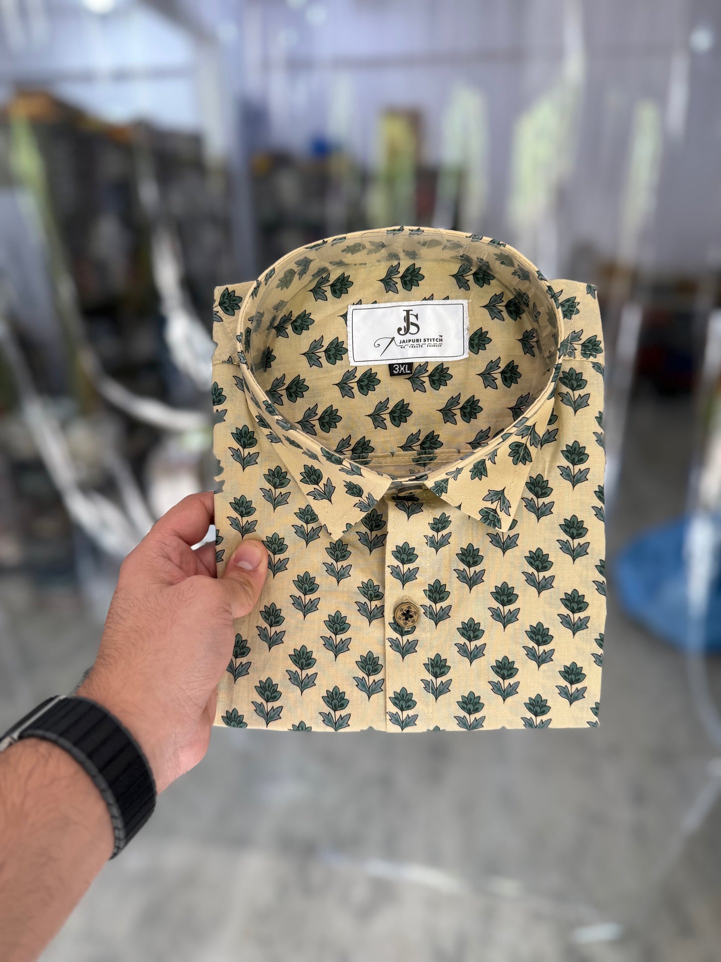 Beige Leaf Booti Printed Men's Plus Size Cotton Shirt