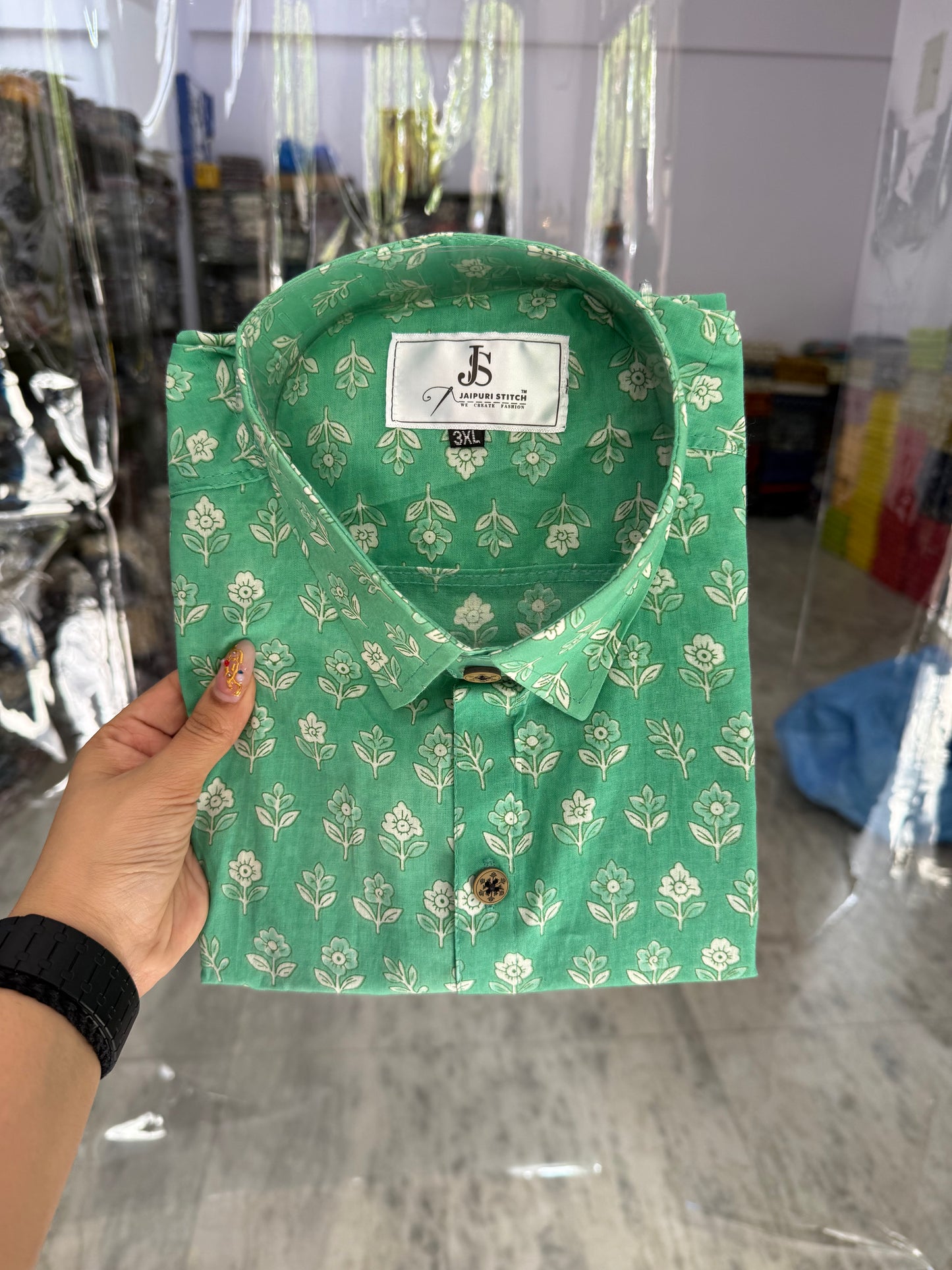 Mint Green Buti Printed Plus Size Half Sleeves Cotton Shirt for Men