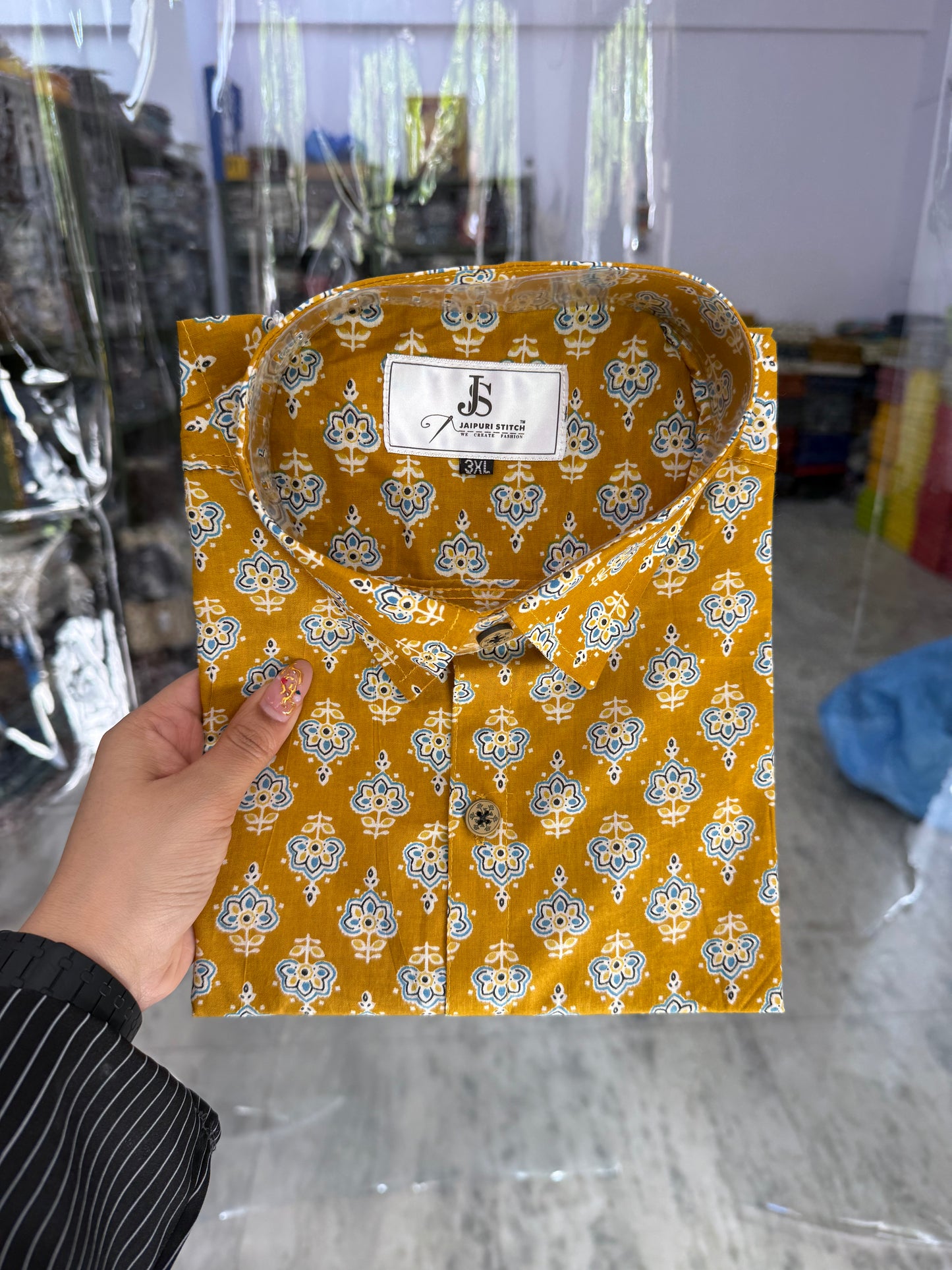 Mustard Floral Buti Printed Plus Size Half Sleeves Cotton Shirt for Men