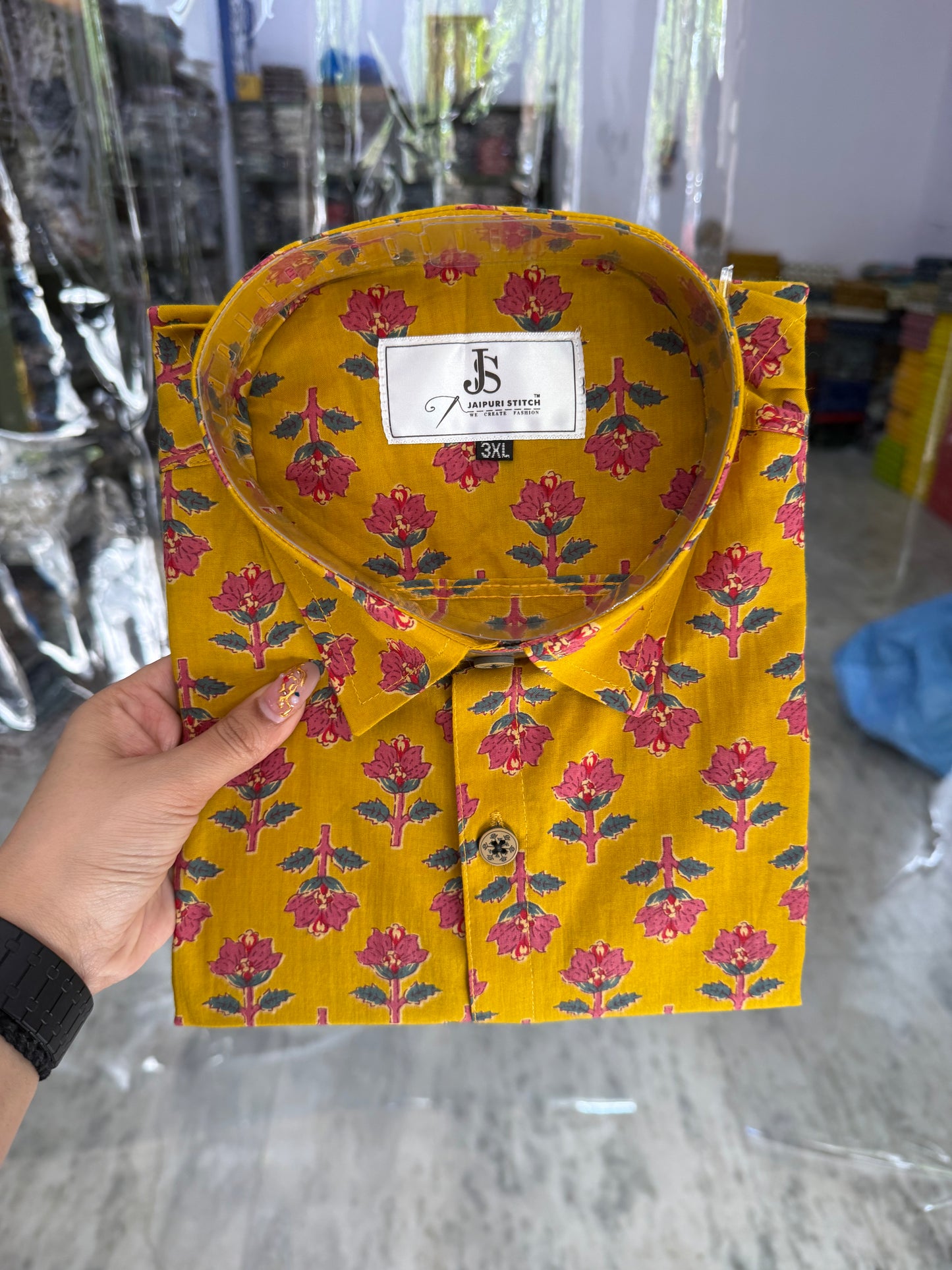 Mustard Gulmohar Booti Printed Men's Plus Size Cotton Shirt