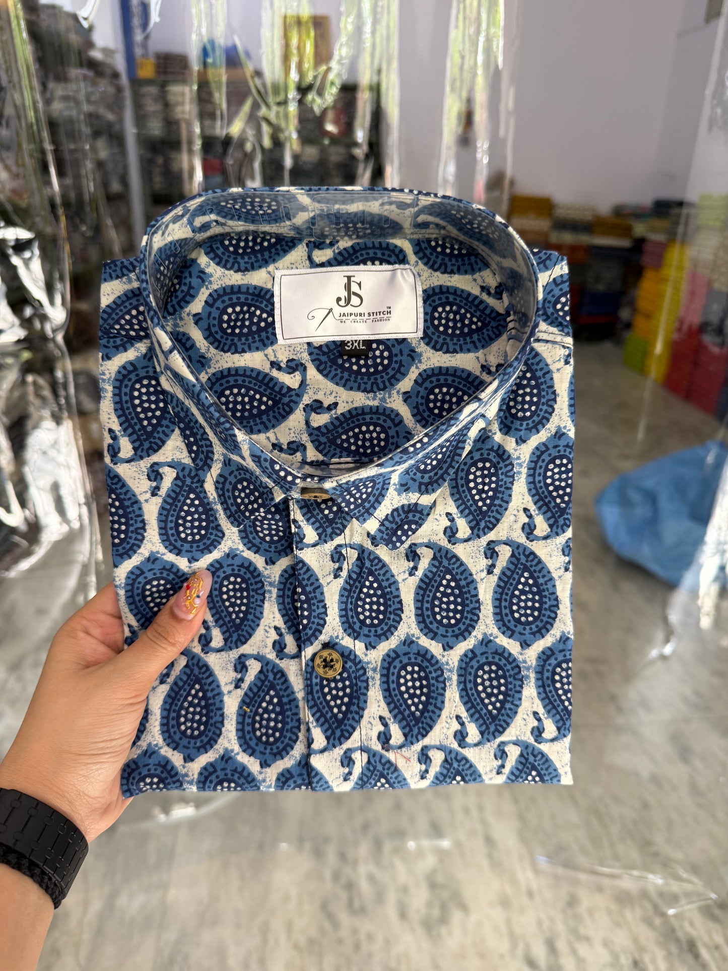 Blue Paisley Hand Block Printed Half Sleeves Cotton Shirt for Men