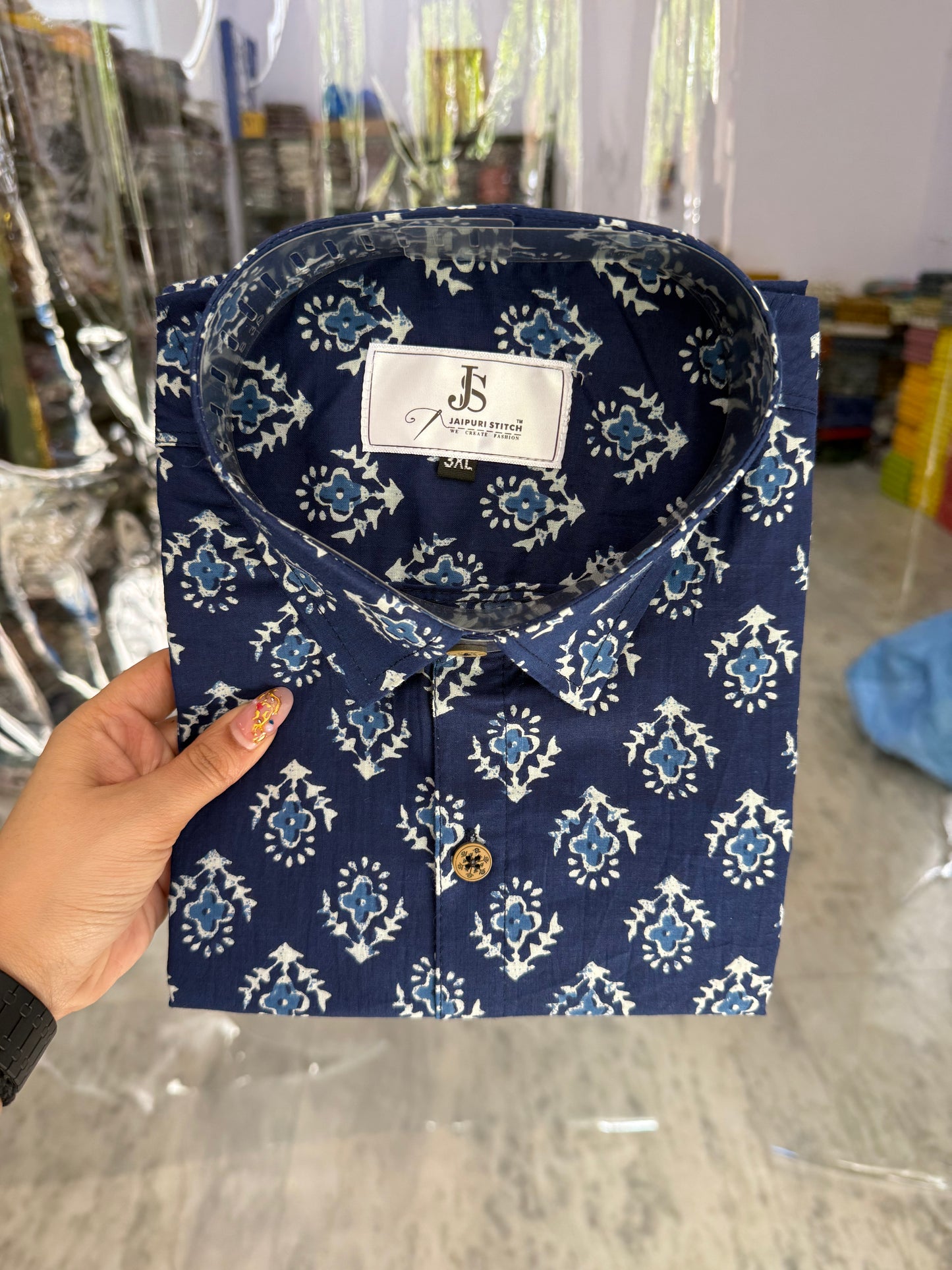 Indigo Dabu Floral Booti Printed Men's Plus Size Half Sleeves Cotton Shirt