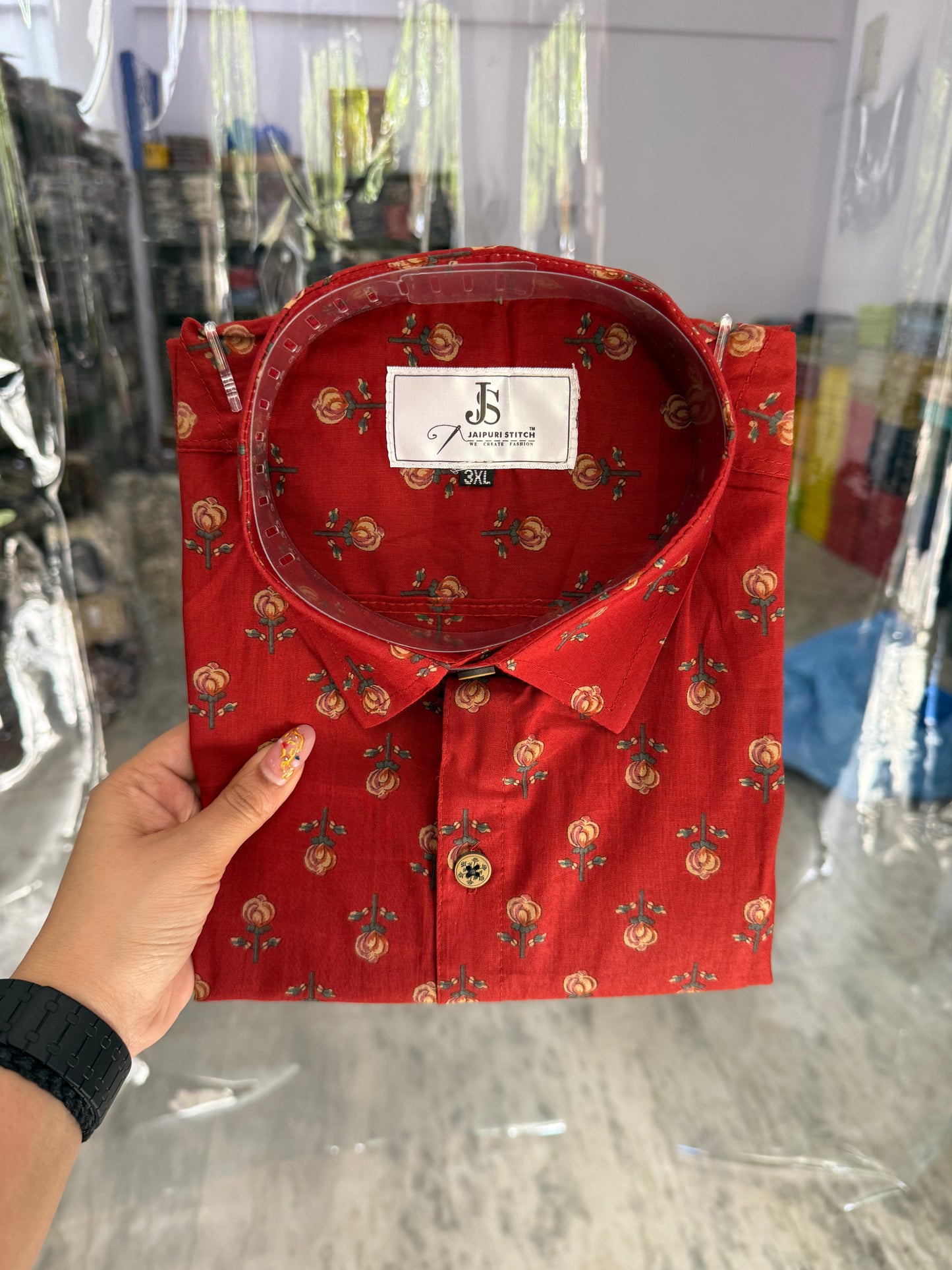 Rust Red Gold Booti Printed Men's Plus Size Half Sleeves Cotton Shirt