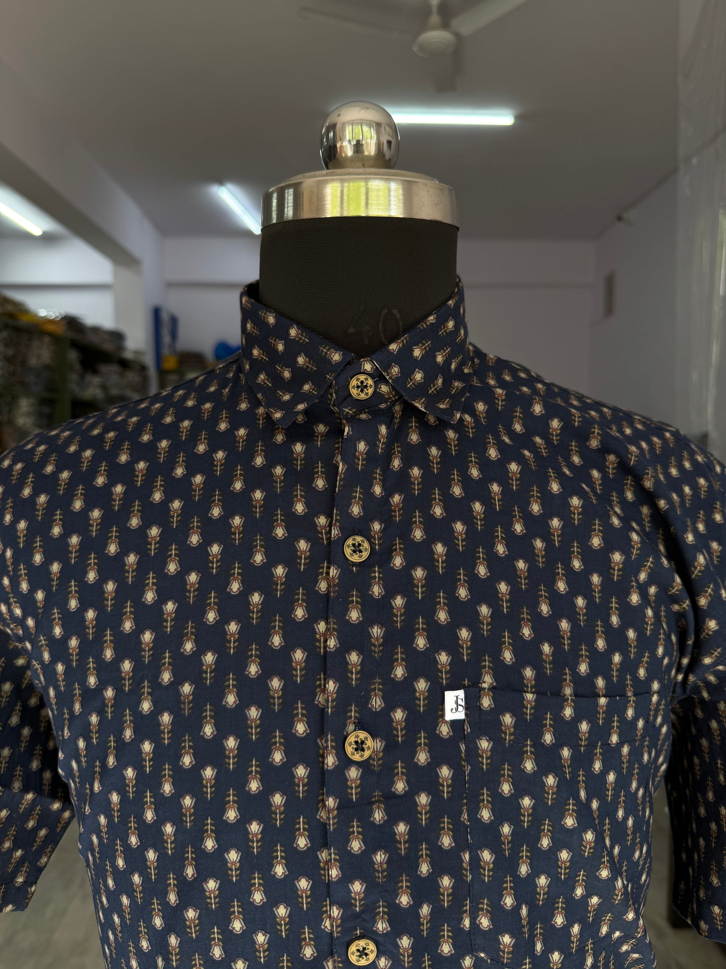 Black Small Ajrak Buti Printed Plus Size Half Sleeves Cotton Shirt for Men