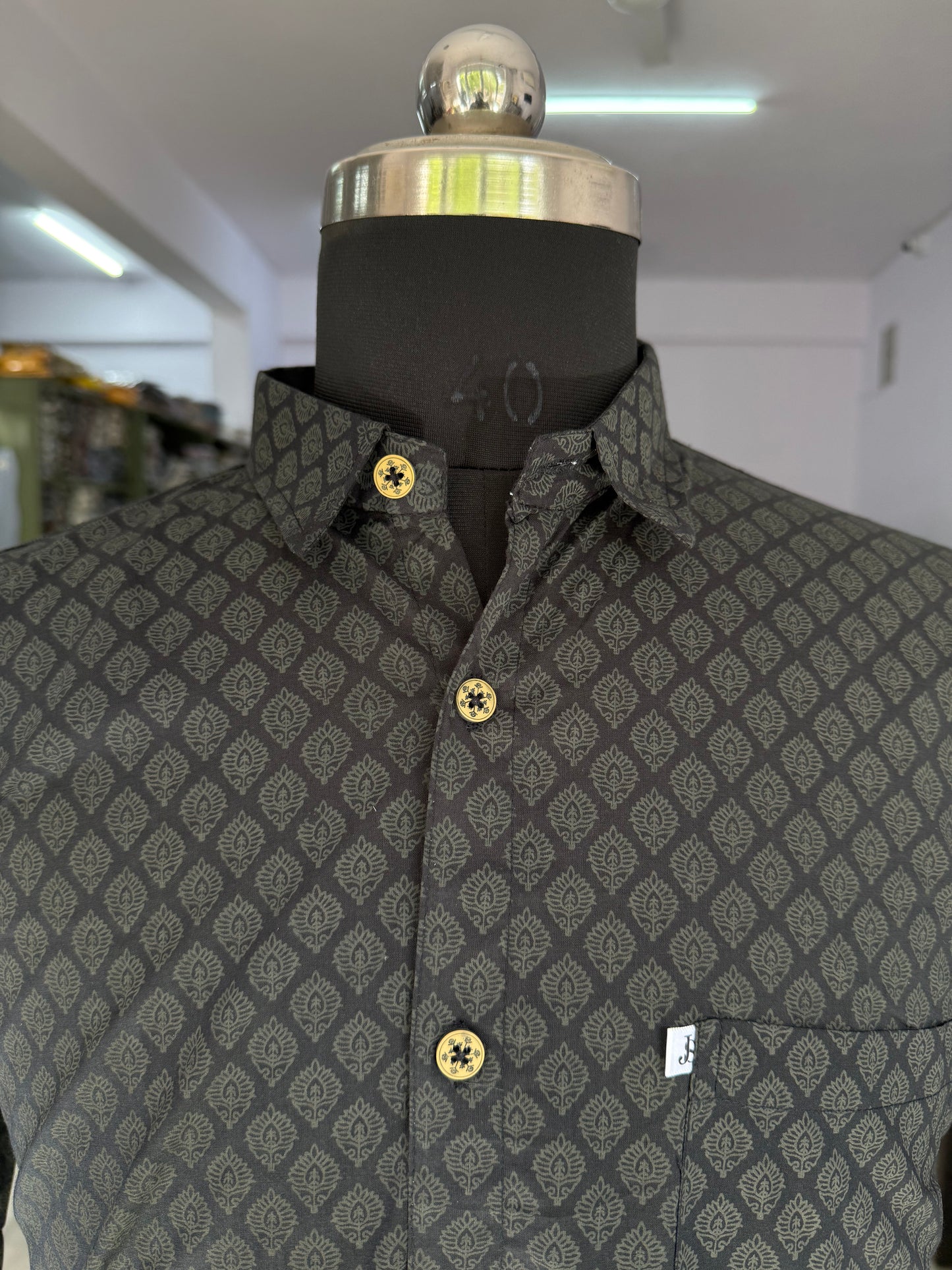 Black Self Booti Printed Plus Size Half Sleeves Cotton Shirt for Men