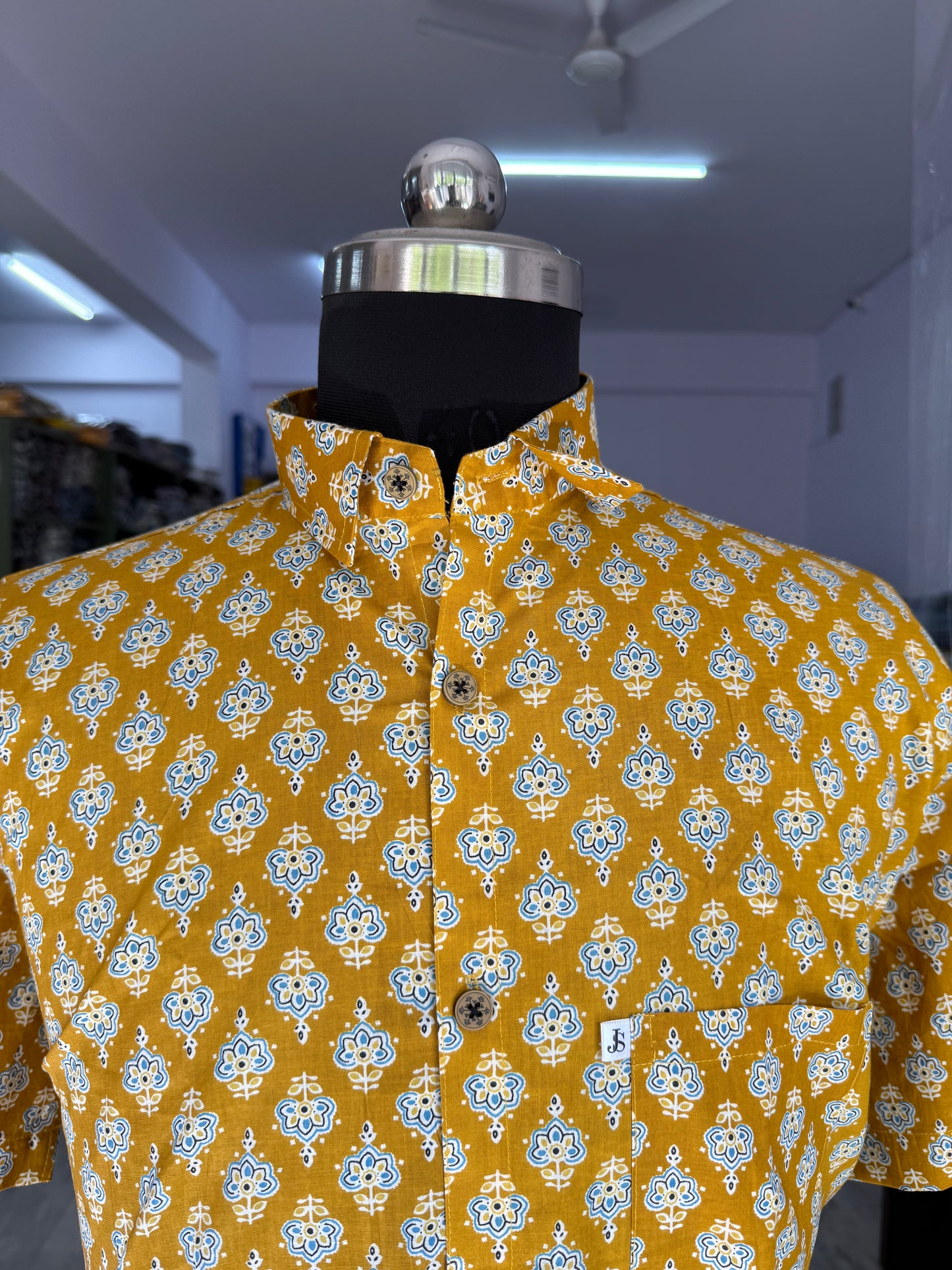 Mustard Floral Buti Printed Plus Size Half Sleeves Cotton Shirt for Men
