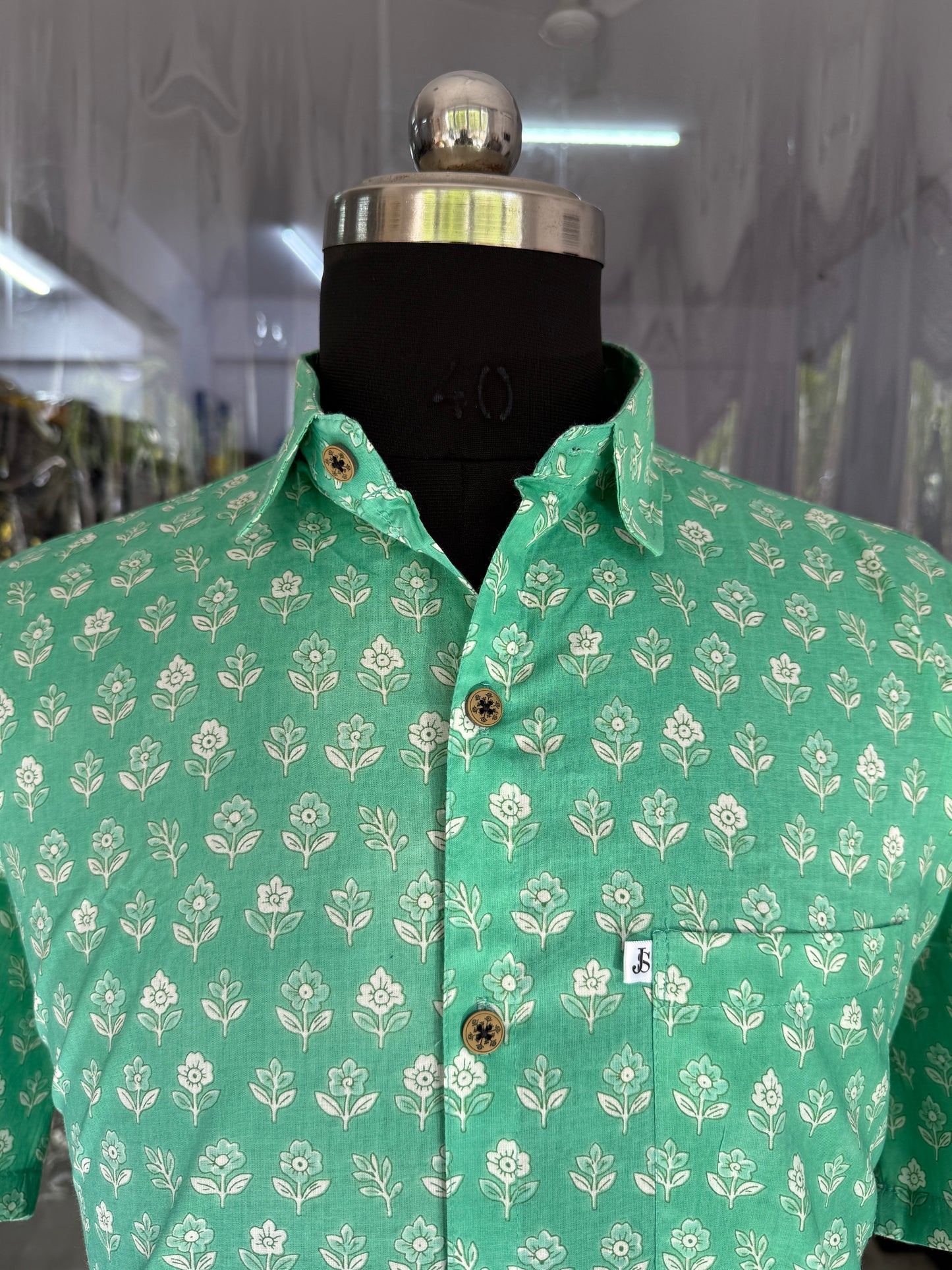 Mint Green Buti Printed Plus Size Half Sleeves Cotton Shirt for Men