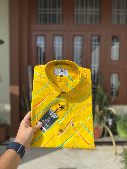Yellow Lehariya  Printed Mens Half Sleeves Cotton Shirt