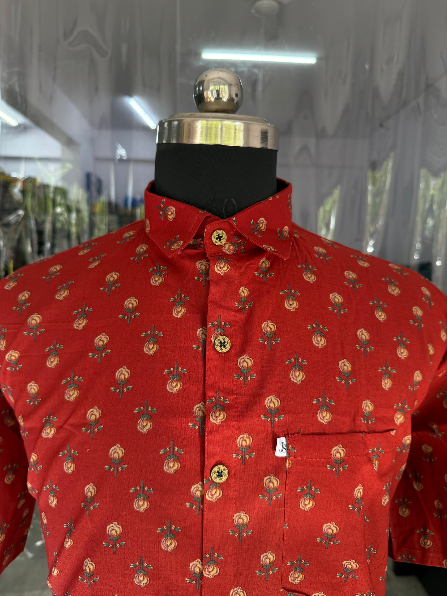 Rust Red Gold Booti Printed Men's Plus Size Half Sleeves Cotton Shirt