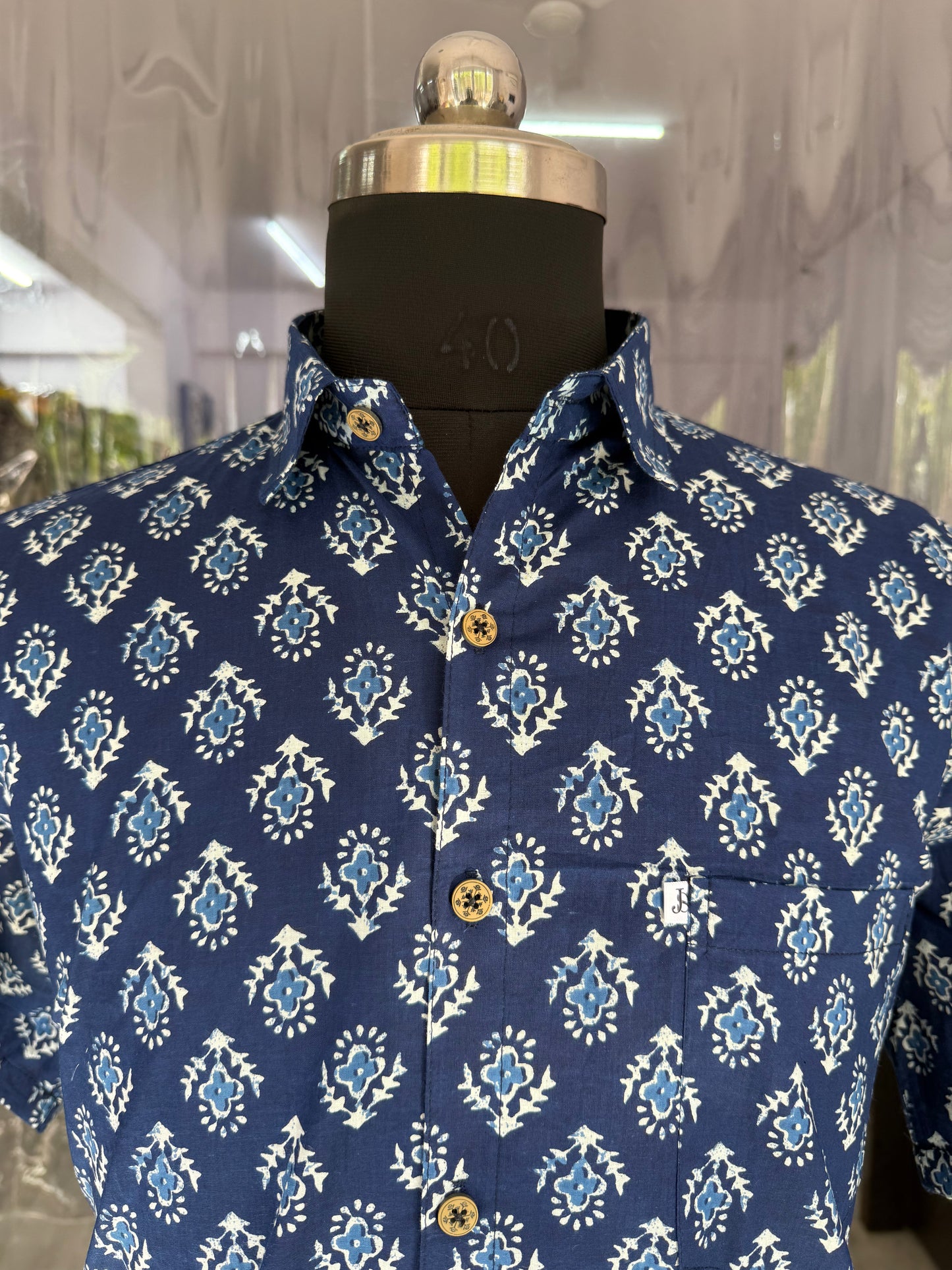 Indigo Dabu Floral Booti Printed Men's Plus Size Half Sleeves Cotton Shirt