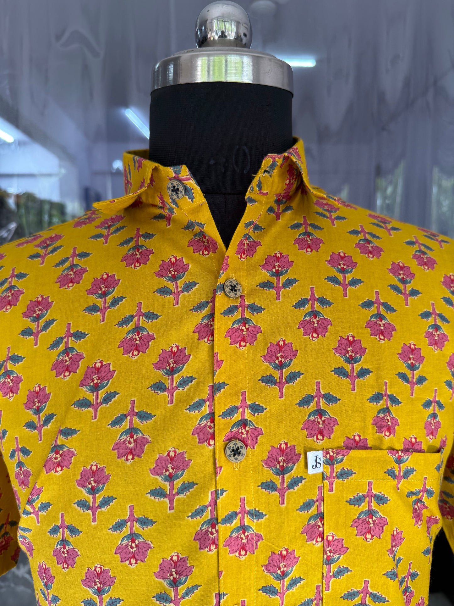 Mustard Gulmohar Booti Printed Men's Plus Size Cotton Shirt
