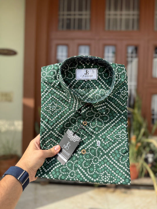 Green Bandhani/Bandhej  Printed Mens Half Sleeves Cotton Shirt