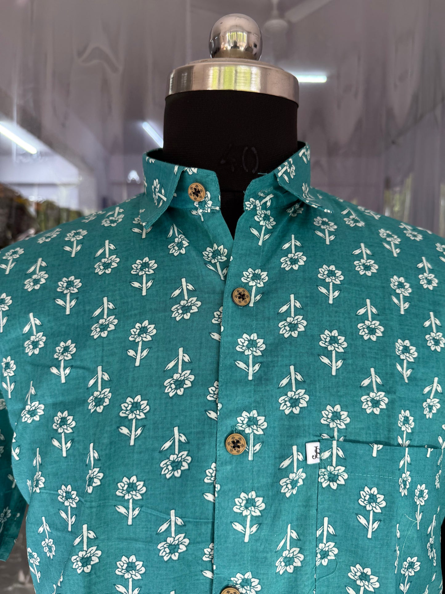 Cyan Floral Booti Printed Men's Plus Size Cotton Shirt