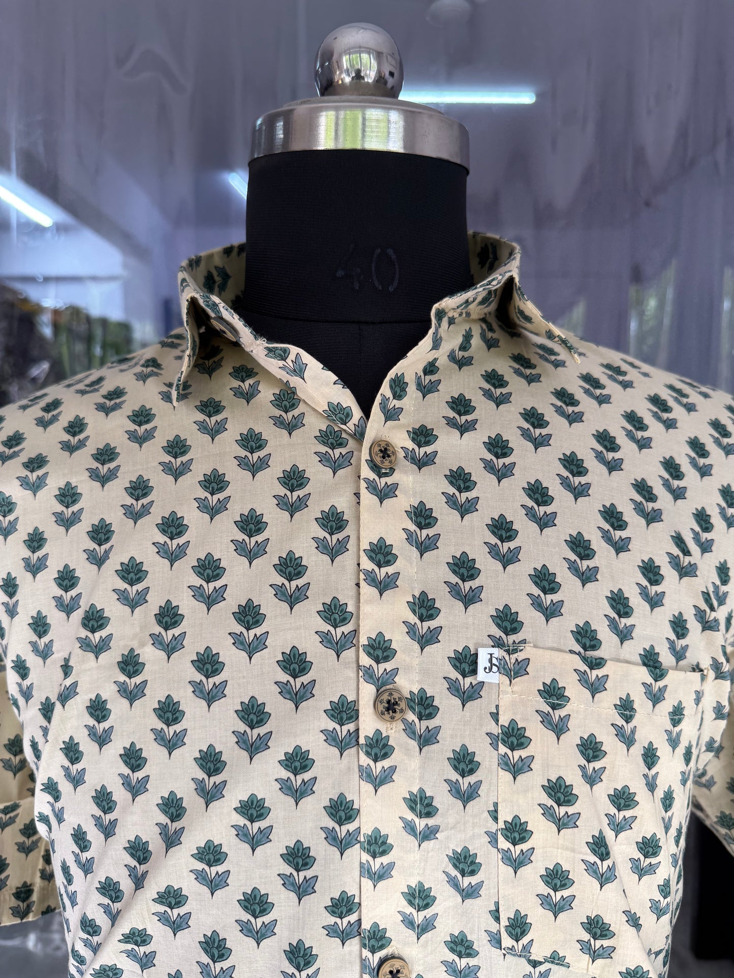 Beige Leaf Booti Printed Men's Plus Size Cotton Shirt