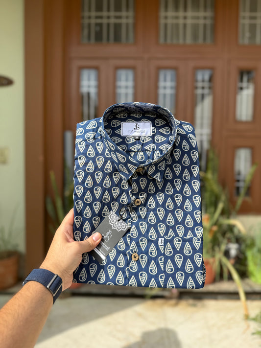 Teal blue DROP Printed Mens Half Sleeves Cotton Shirt