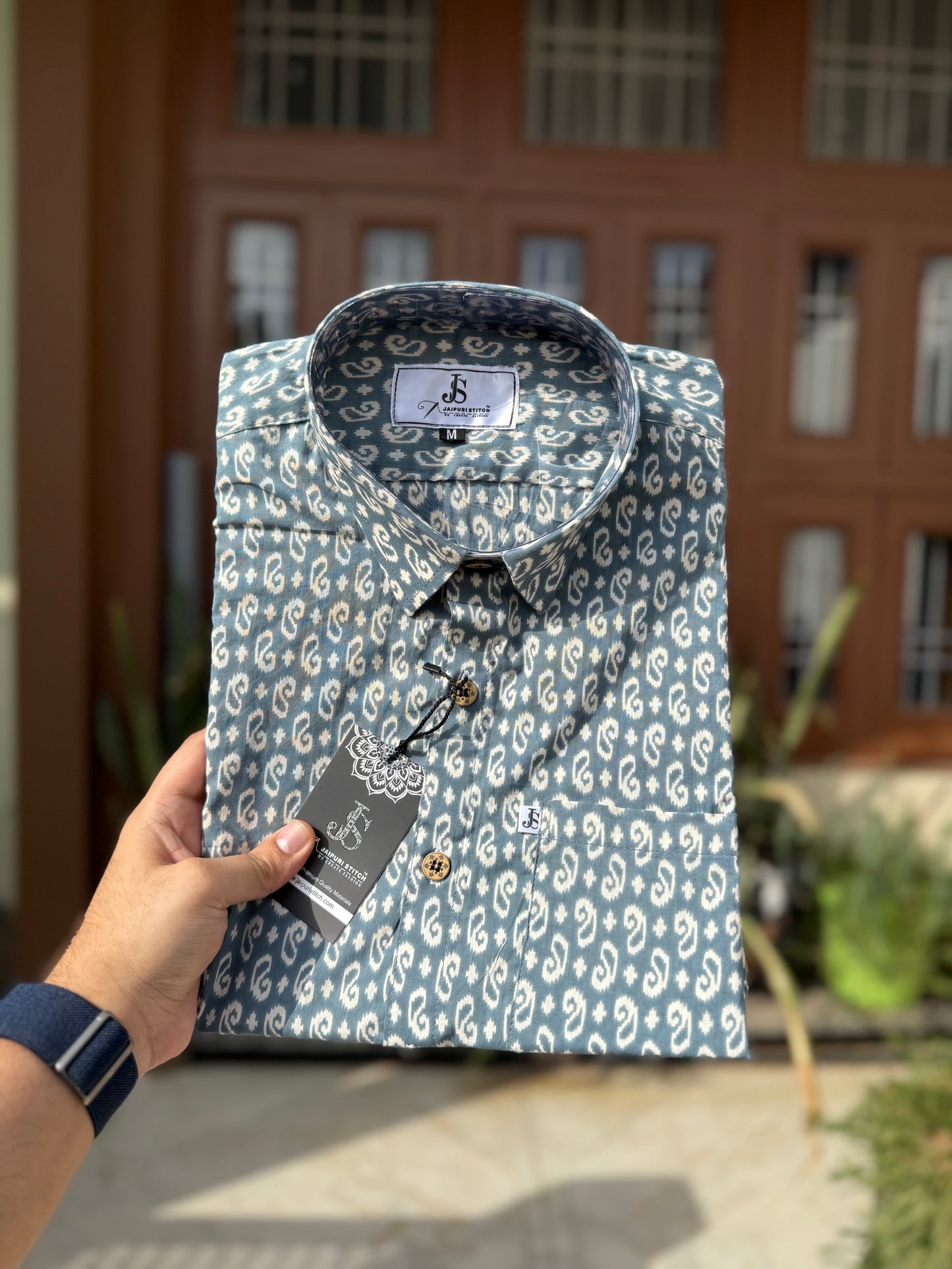 Grey Ikkat Booti Printed Mens Half Sleeves Cotton Shirt