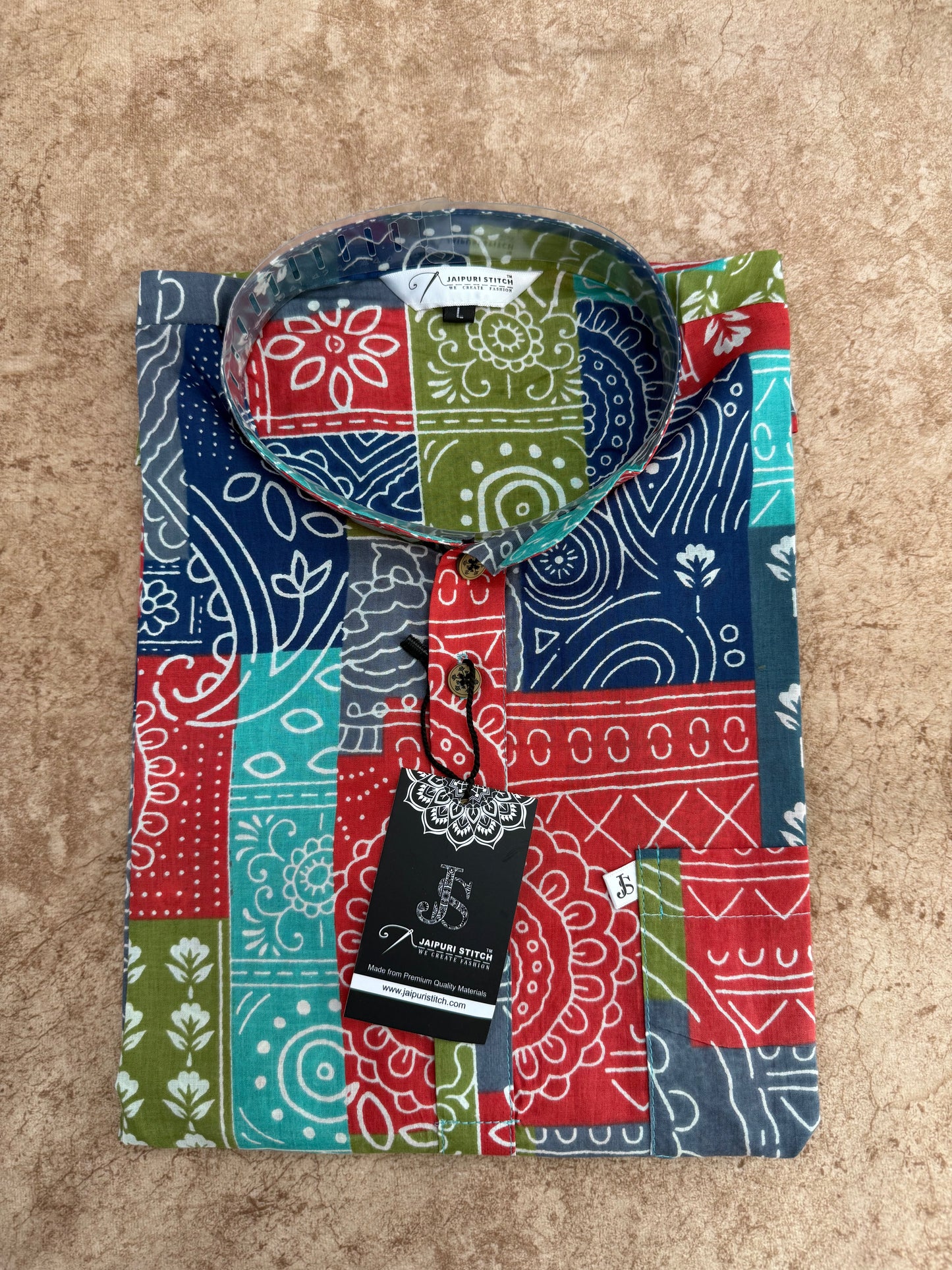 Multicolor Patchwork Printed Full Sleeves Cotton Short Kurta for Men