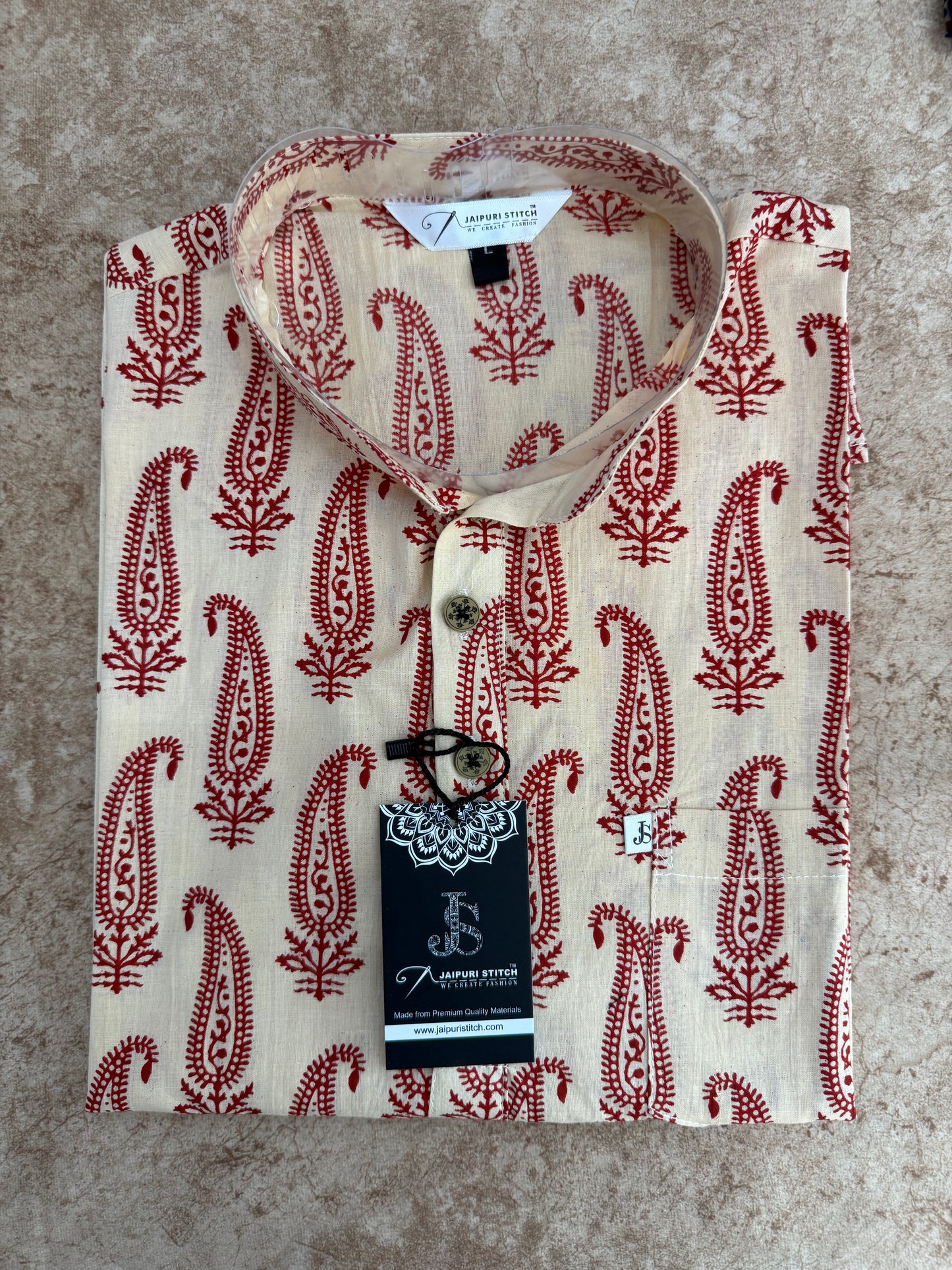 Maroon Paisley Printed Full Sleeves Short Kurta for Men