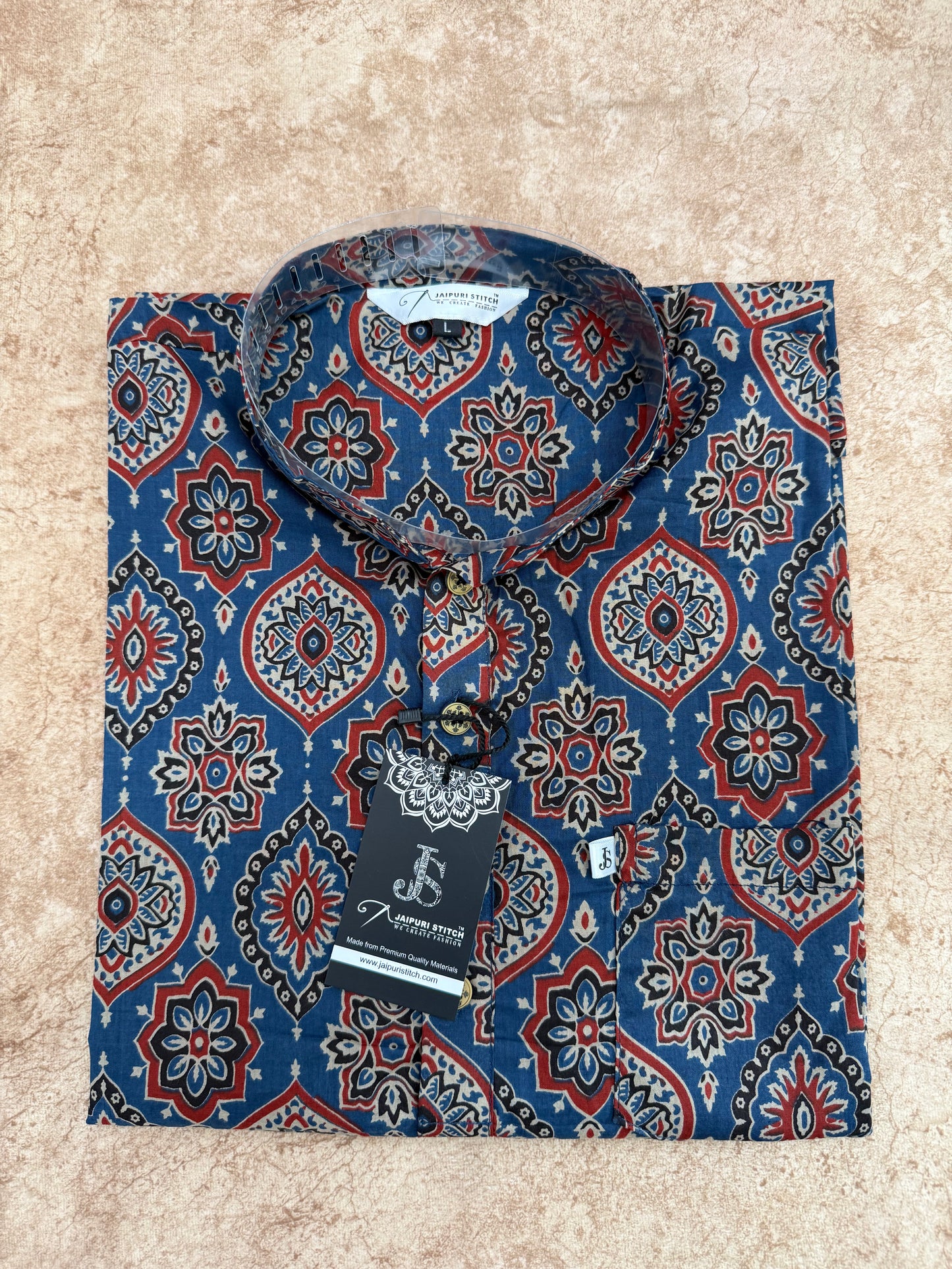 Indigo Floral Medallion Printed Full Sleeves Short Kurta for Men