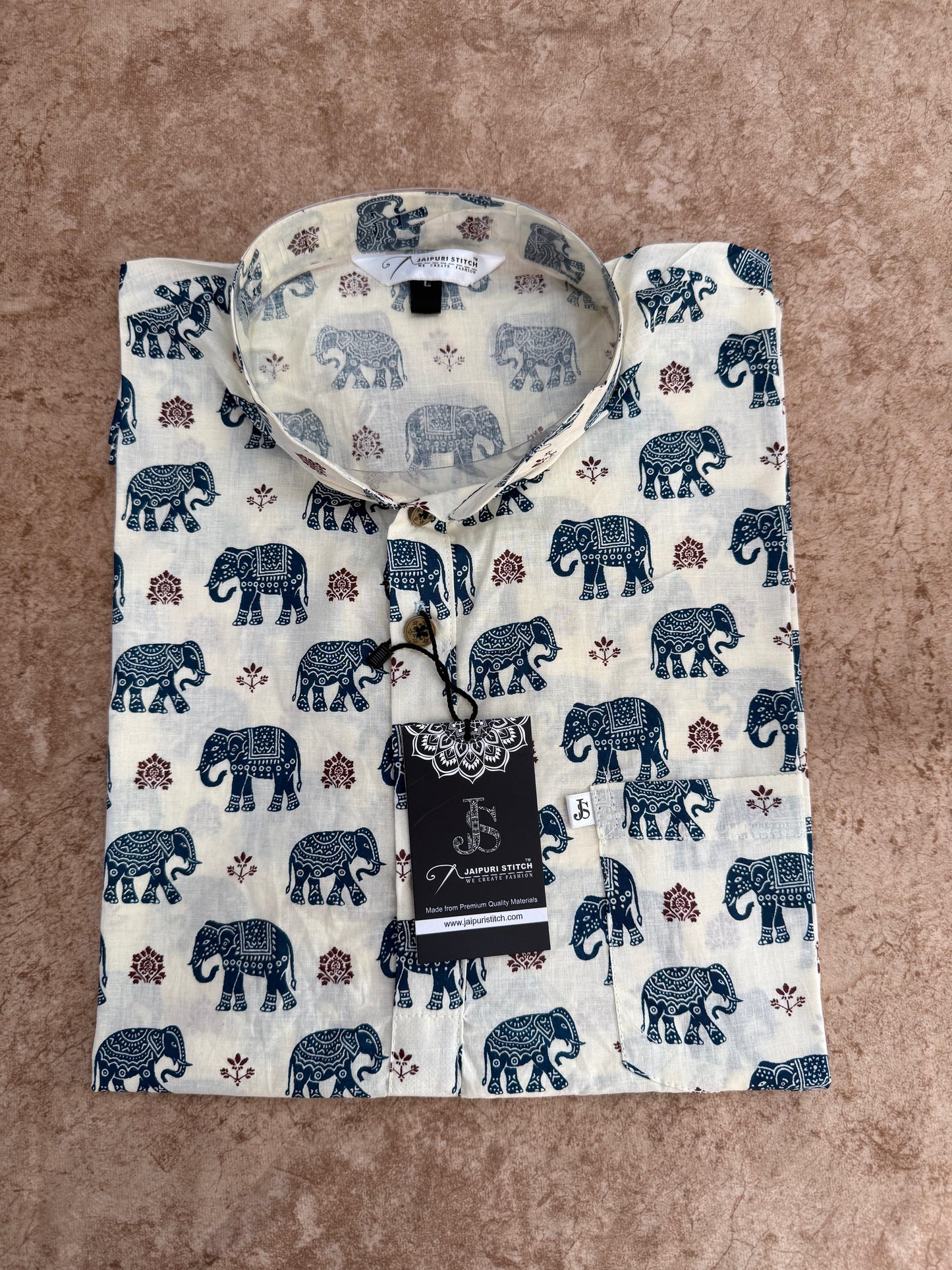 Ivory Blue Elephant Printed Full Sleeves Short Kurta for Men