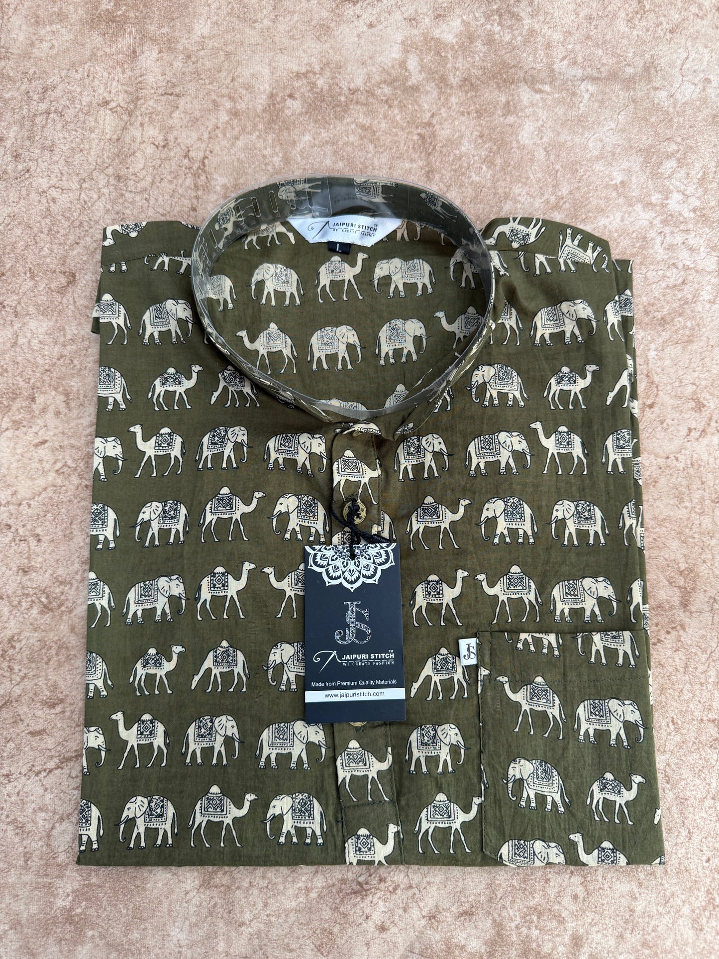 Olive Camel & Elephant Printed Full Sleeves Short Kurta for Men