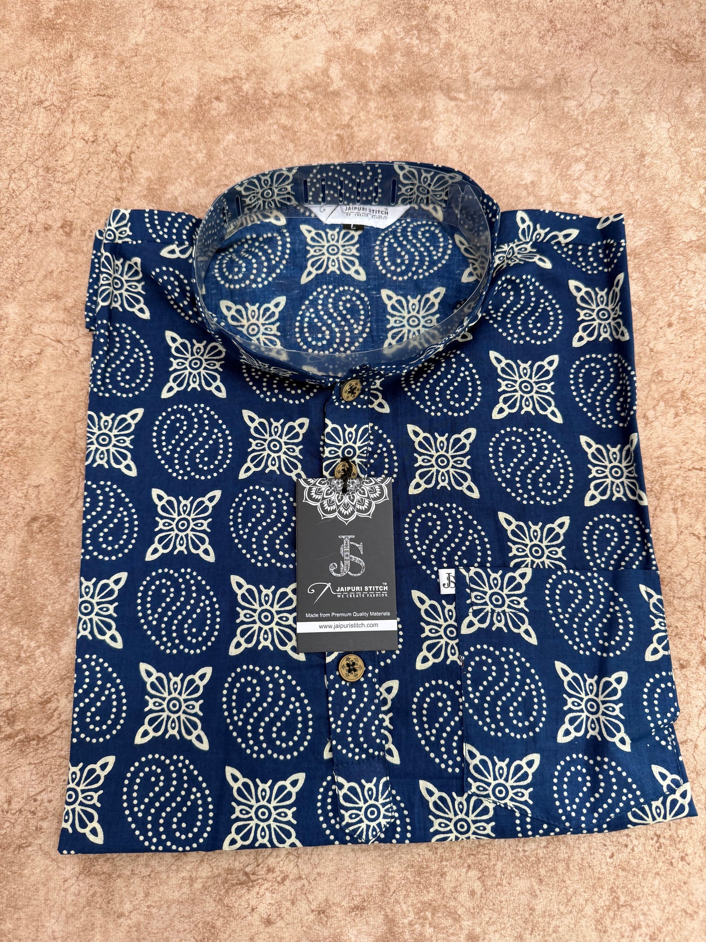 Indigo Ajrak Spiral Motif Printed Full Sleeves Short Kurta for Men