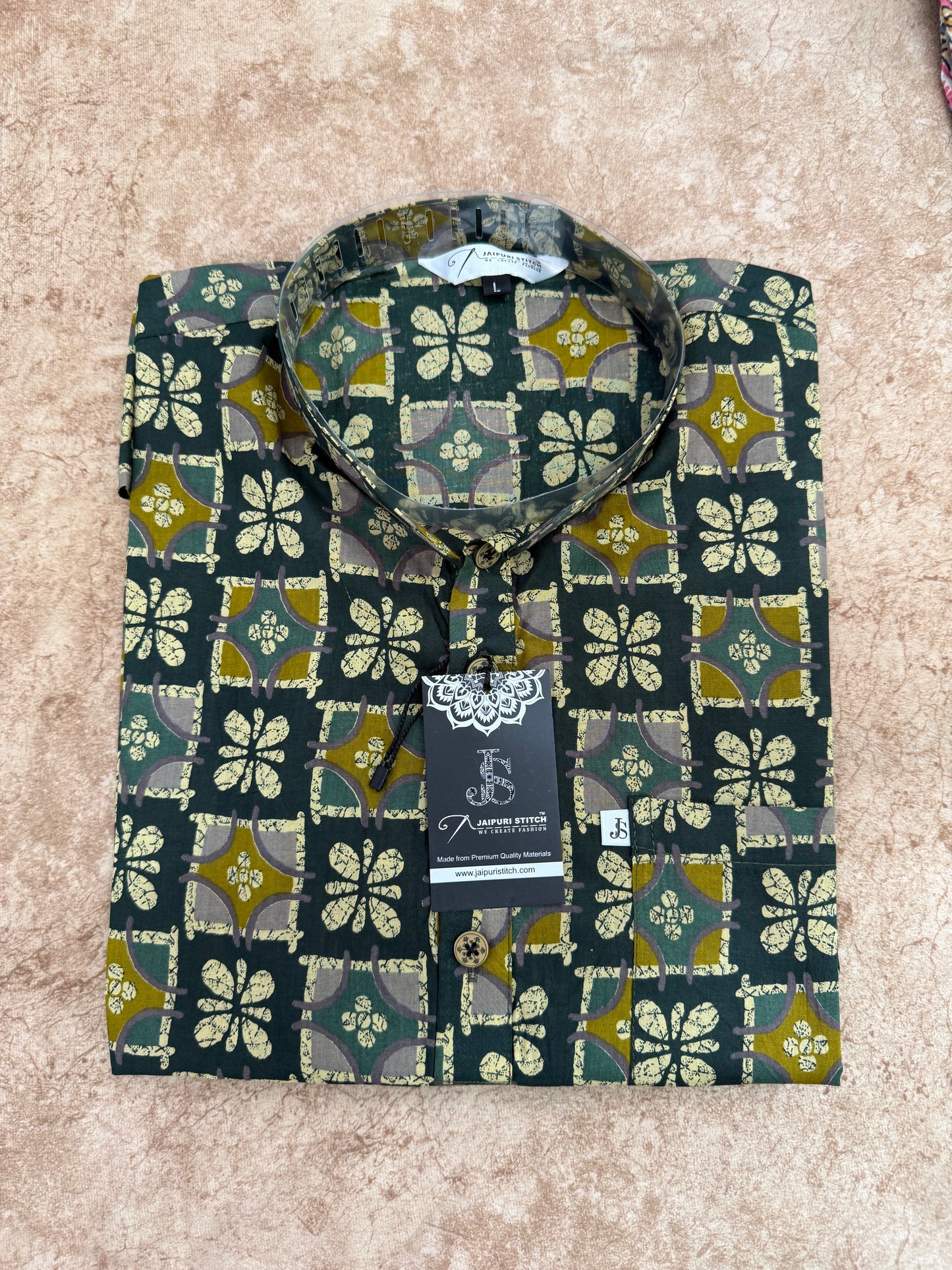 Green Geometric Floral Printed Full Sleeves Short Kurta for Men