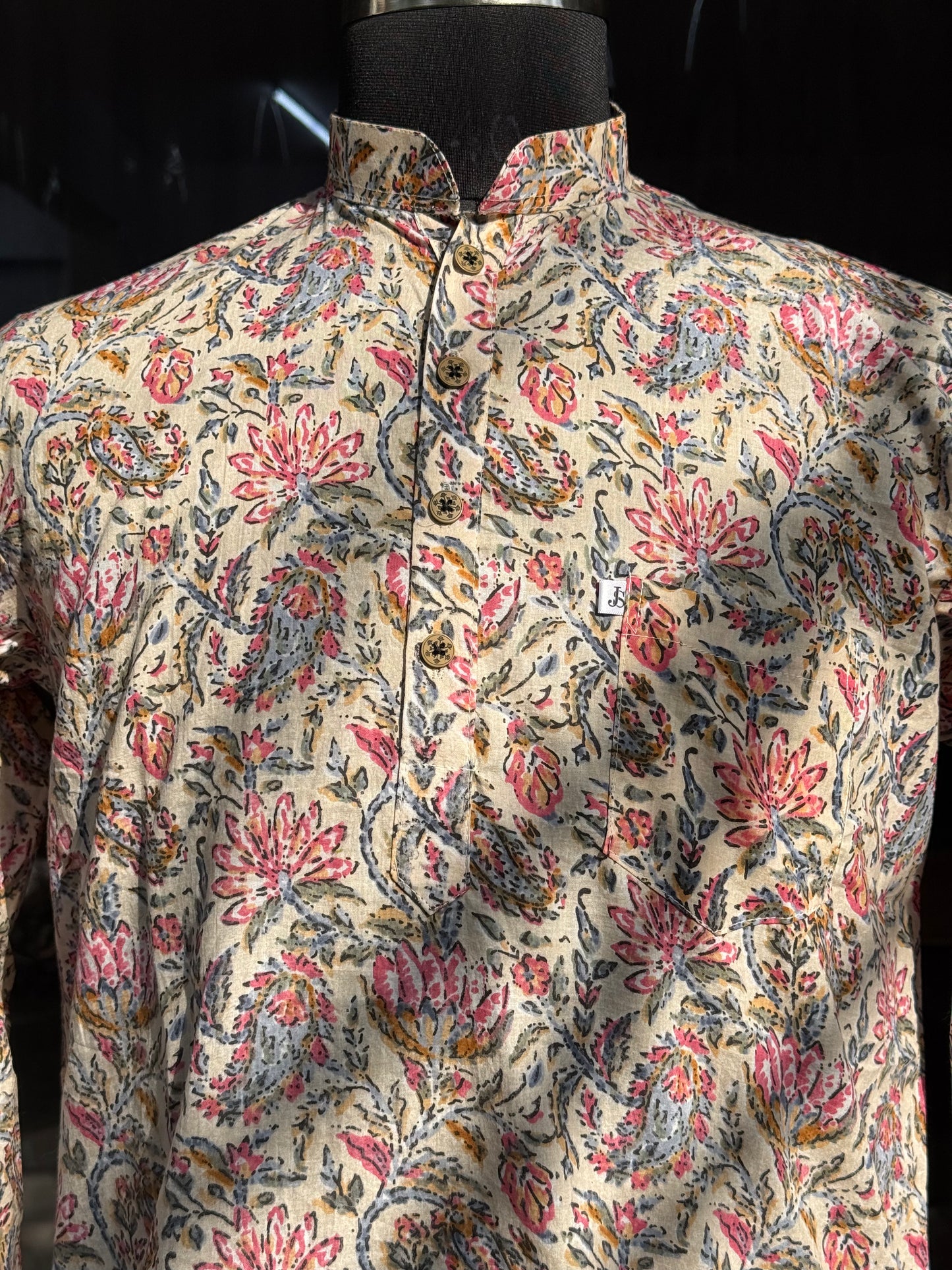 White Kalamkari Printed Full Sleeves Short Kurta for Men