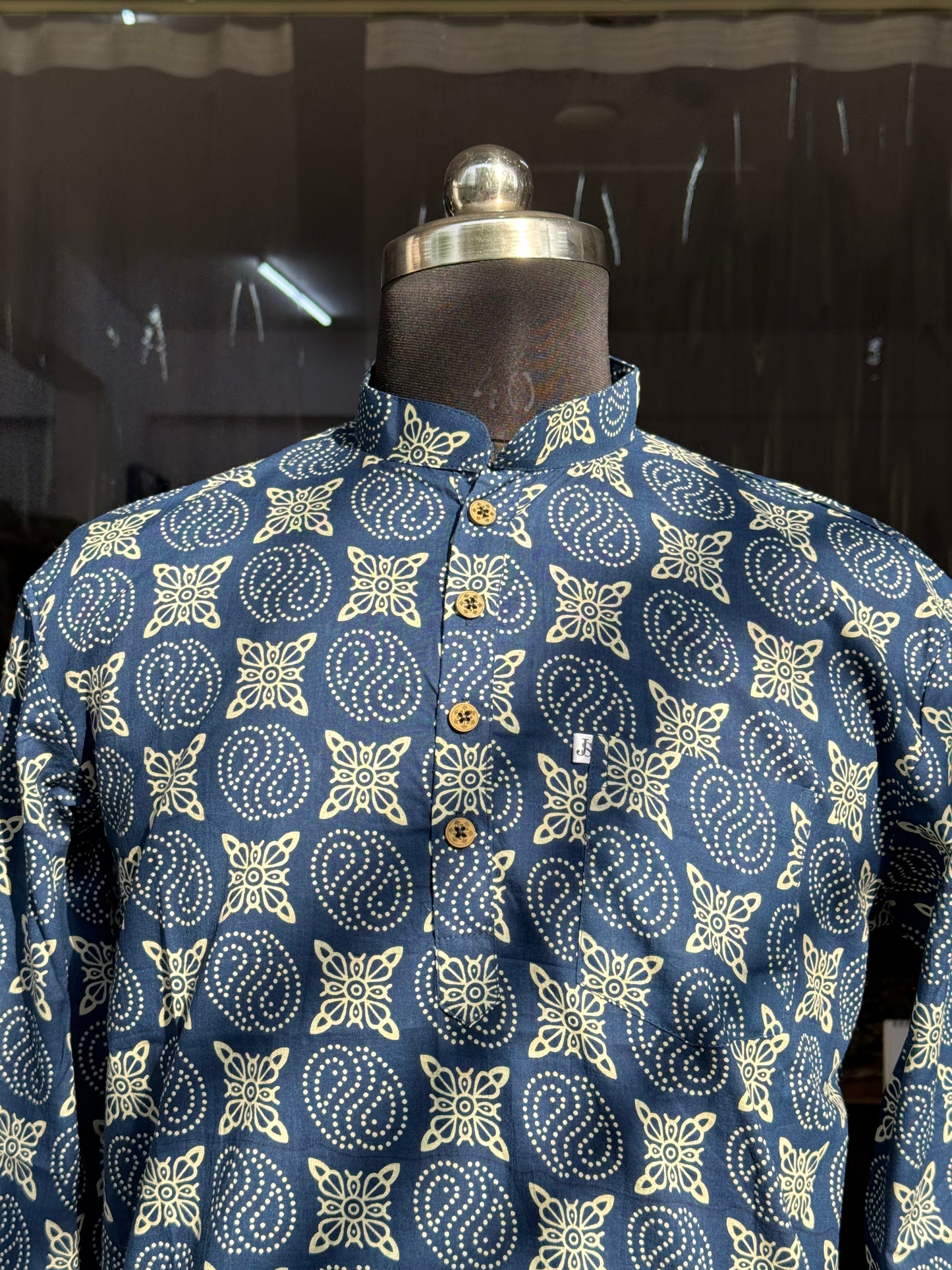 Indigo Ajrak Spiral Motif Printed Full Sleeves Short Kurta for Men