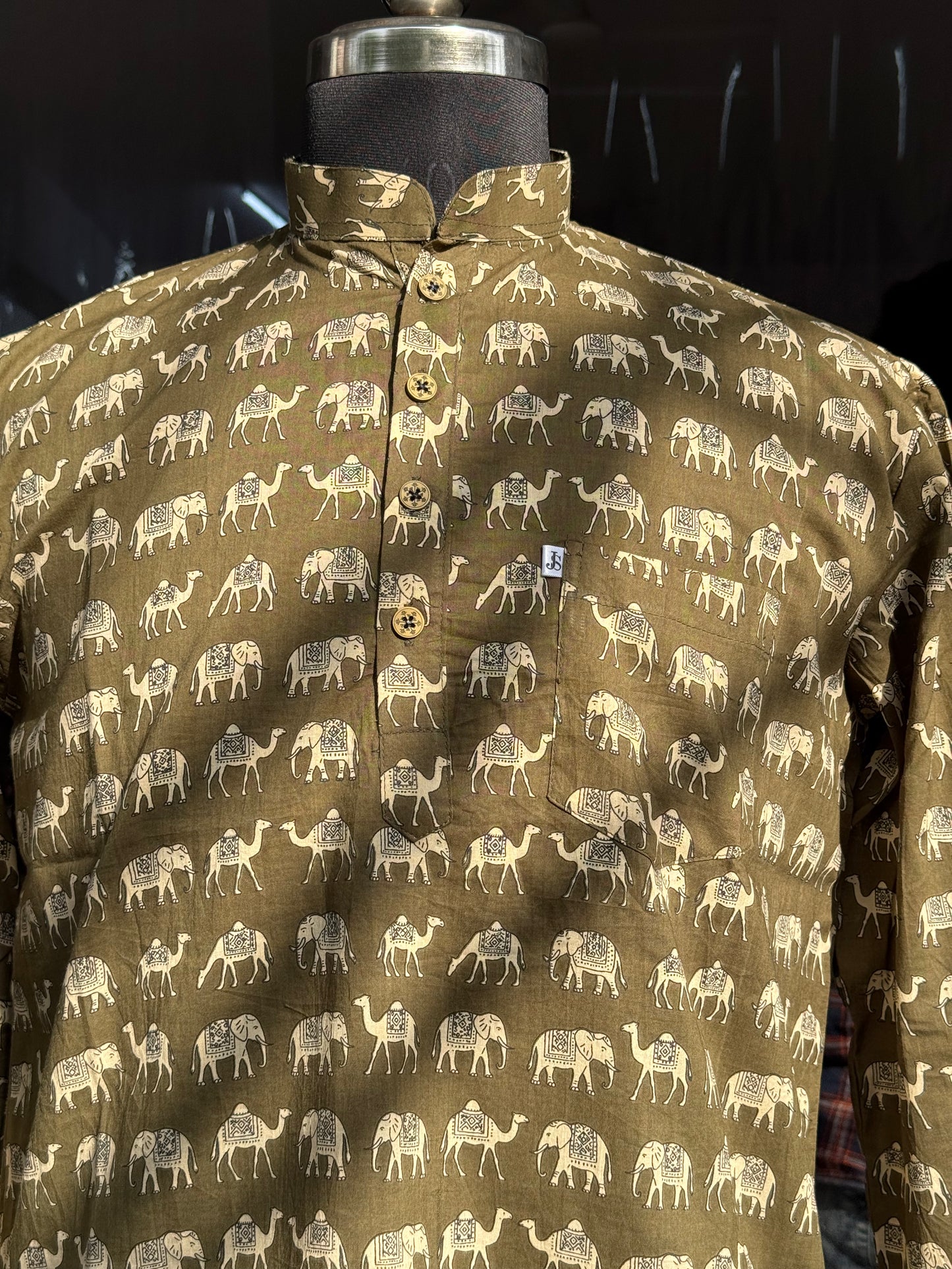 Olive Camel & Elephant Printed Full Sleeves Short Kurta for Men