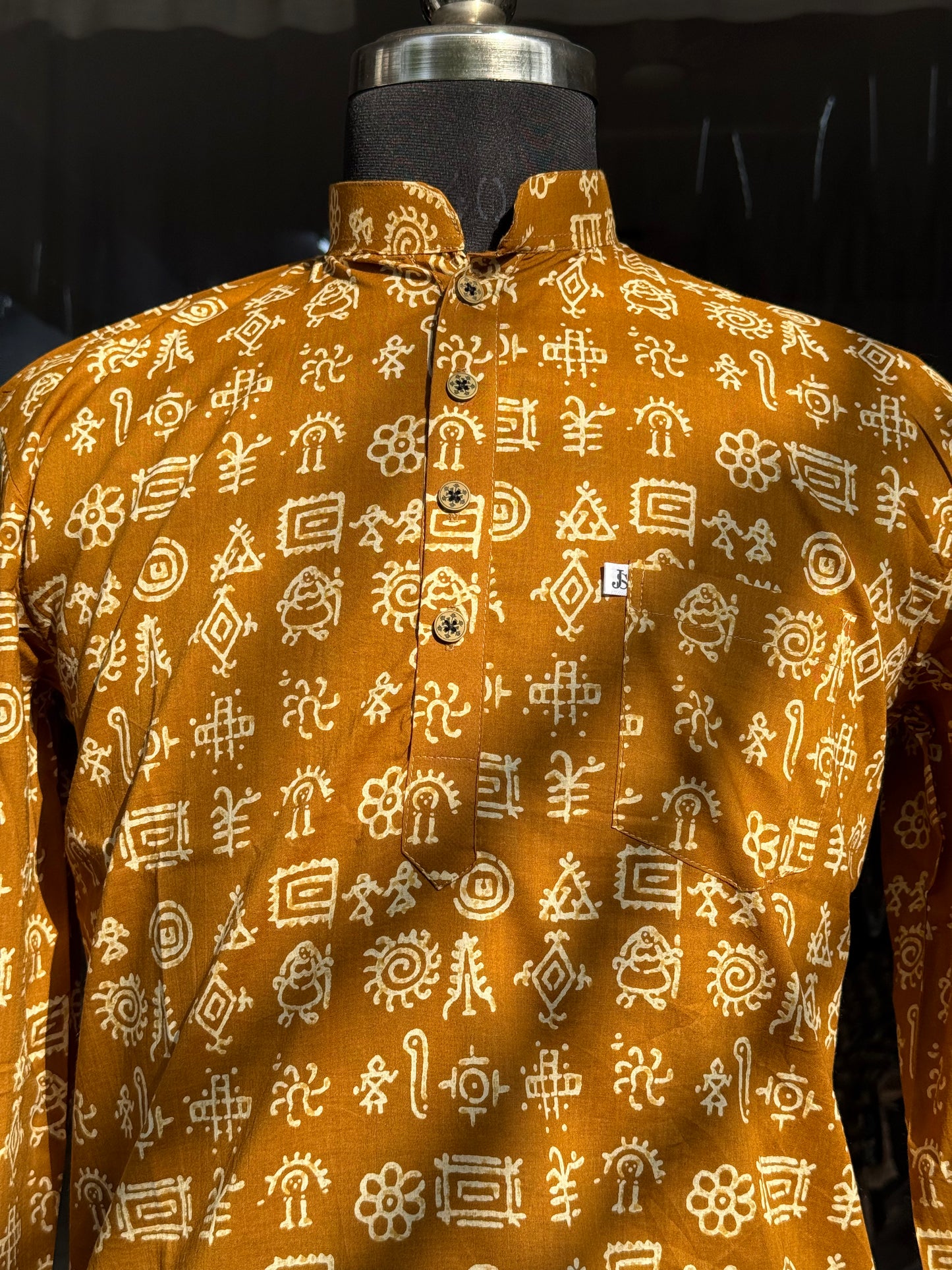 Mustard Tribal Print Full Sleeves Short Kurta for Men