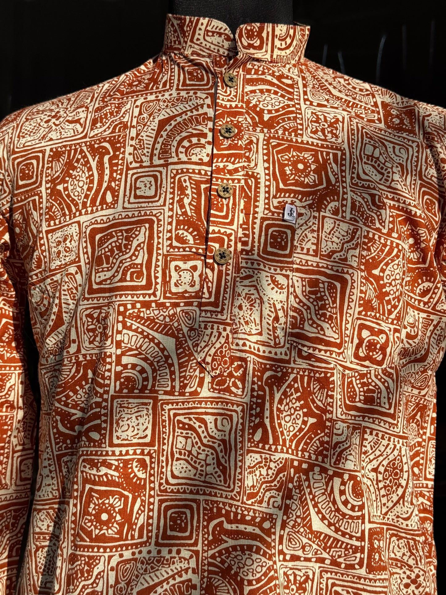 Orange Ajrak Geometric Printed Full Sleeves Short Kurta for Men