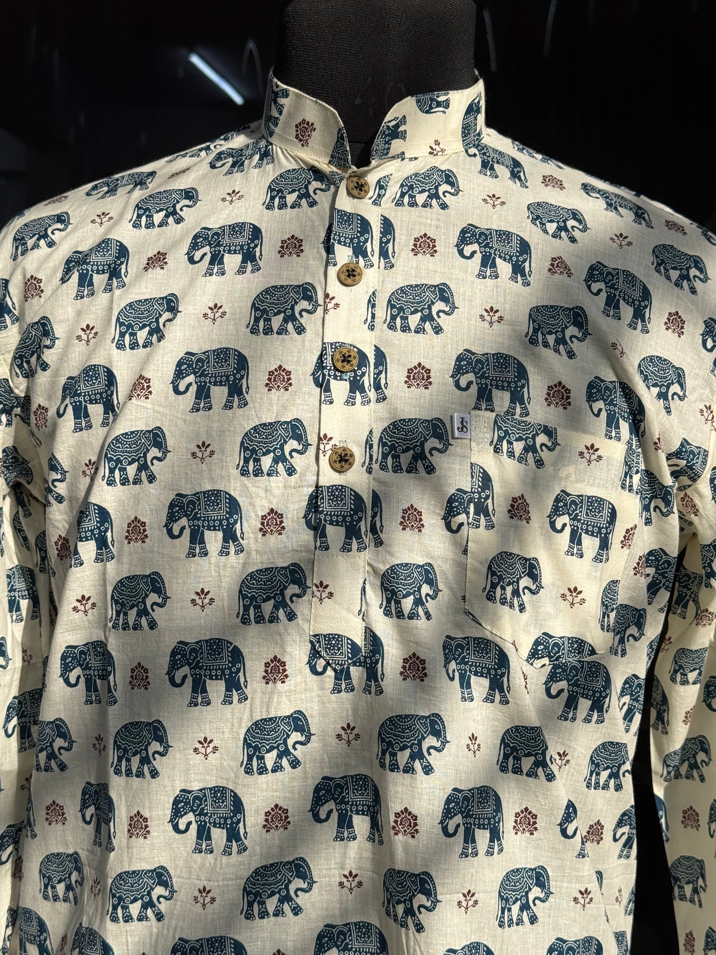 Ivory Blue Elephant Printed Full Sleeves Short Kurta for Men