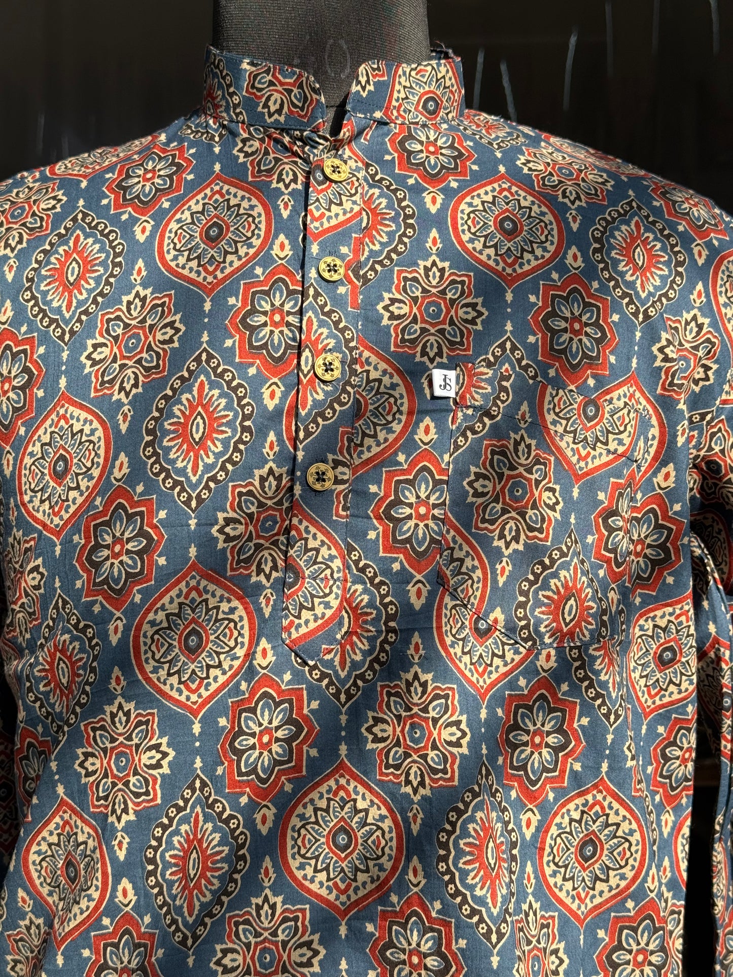 Indigo Floral Medallion Printed Full Sleeves Short Kurta for Men