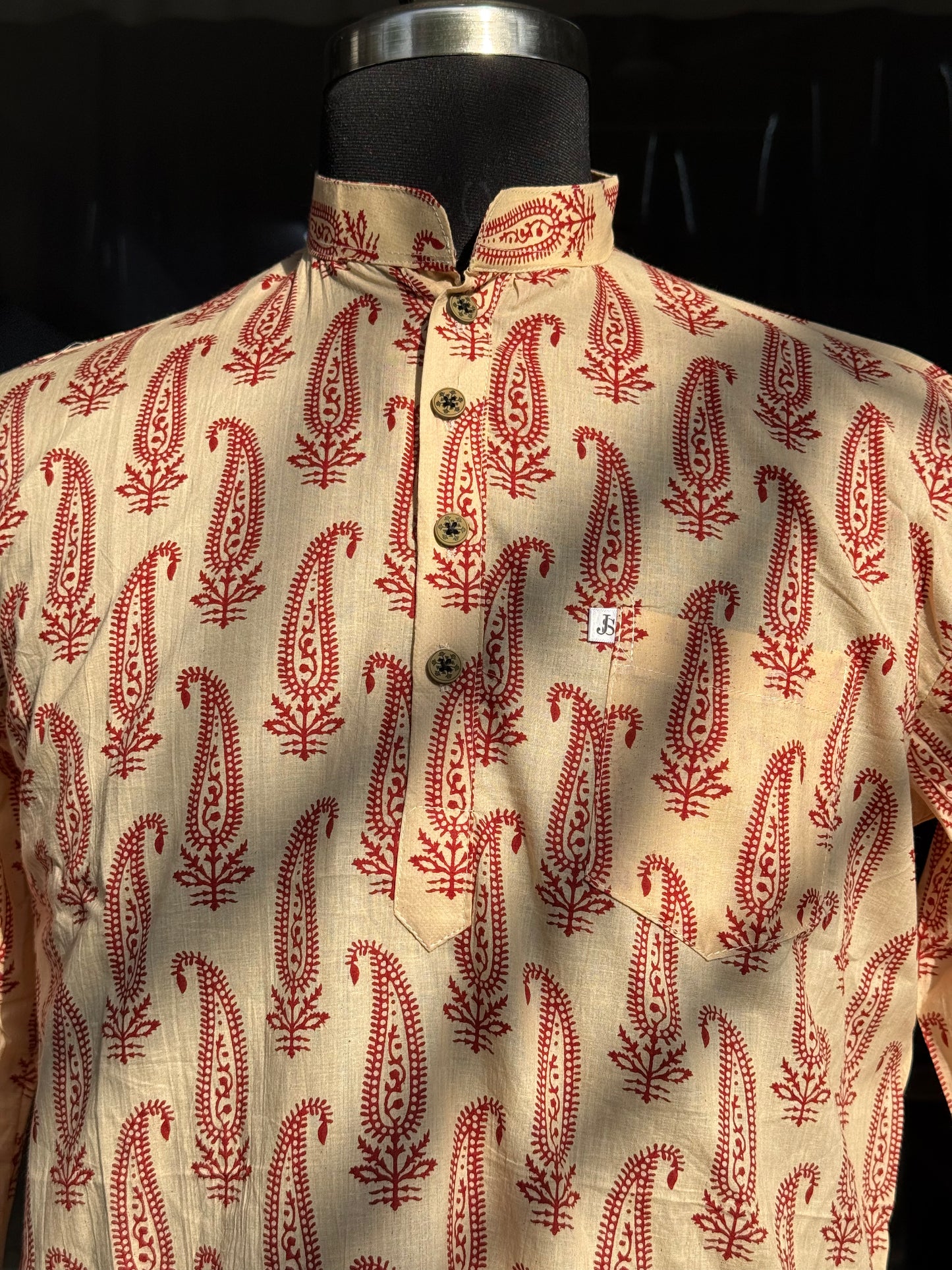 Maroon Paisley Printed Full Sleeves Short Kurta for Men
