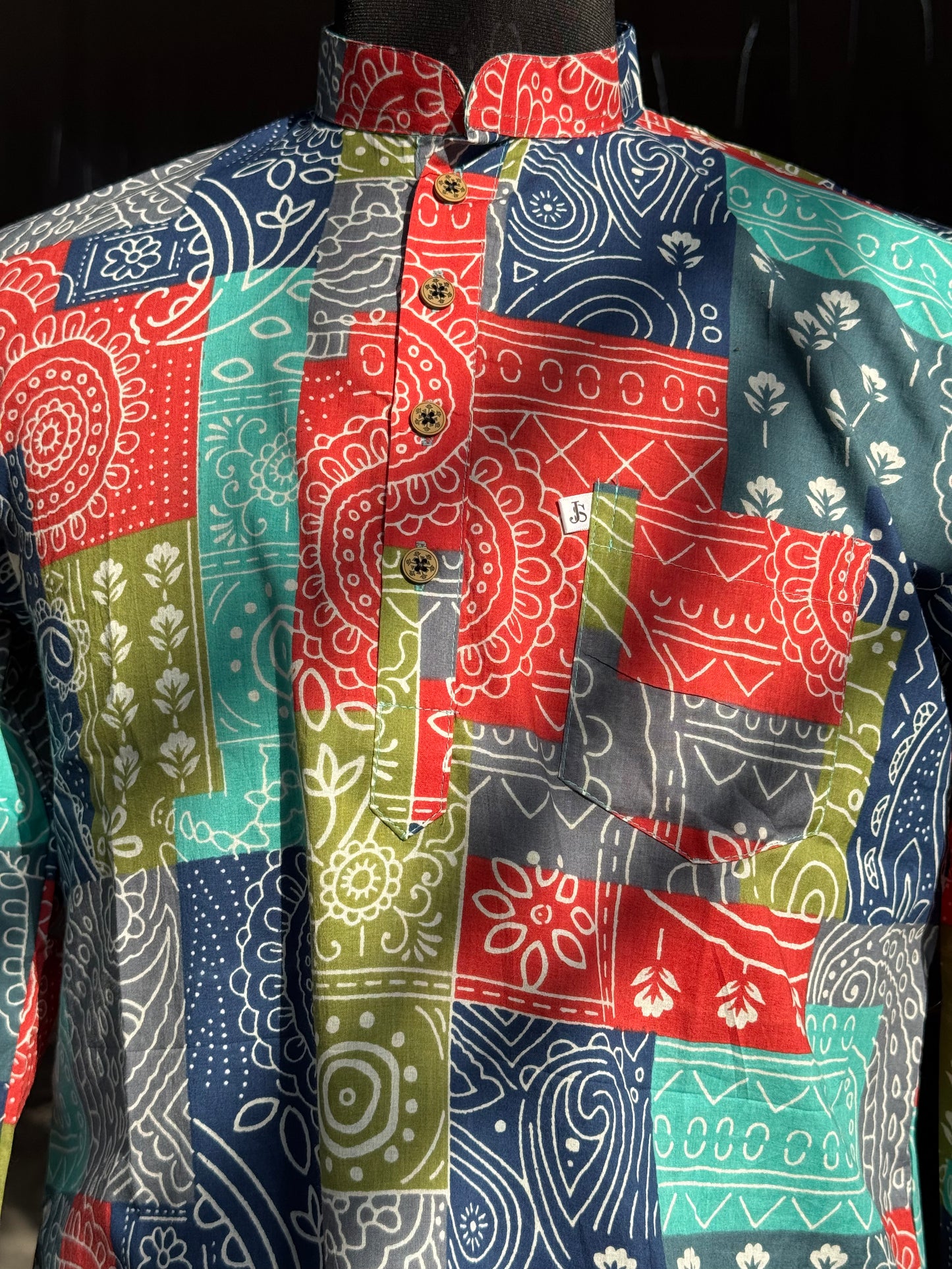 Multicolor Patchwork Printed Full Sleeves Cotton Short Kurta for Men
