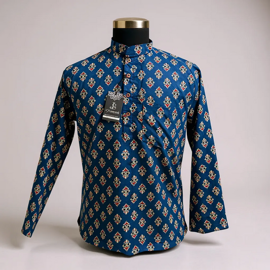 Blue Handblock Printed Full Sleeves Short Kurta for Men
