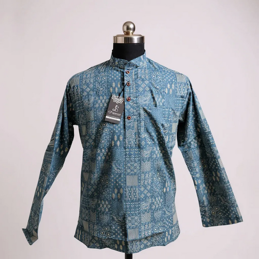 Indigo Patchwork Printed Full Sleeves Short Kurta for Men