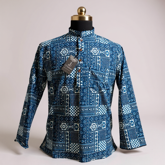 Blue Geometric Dabu Block Printed Full Sleeves Short Kurta for Men