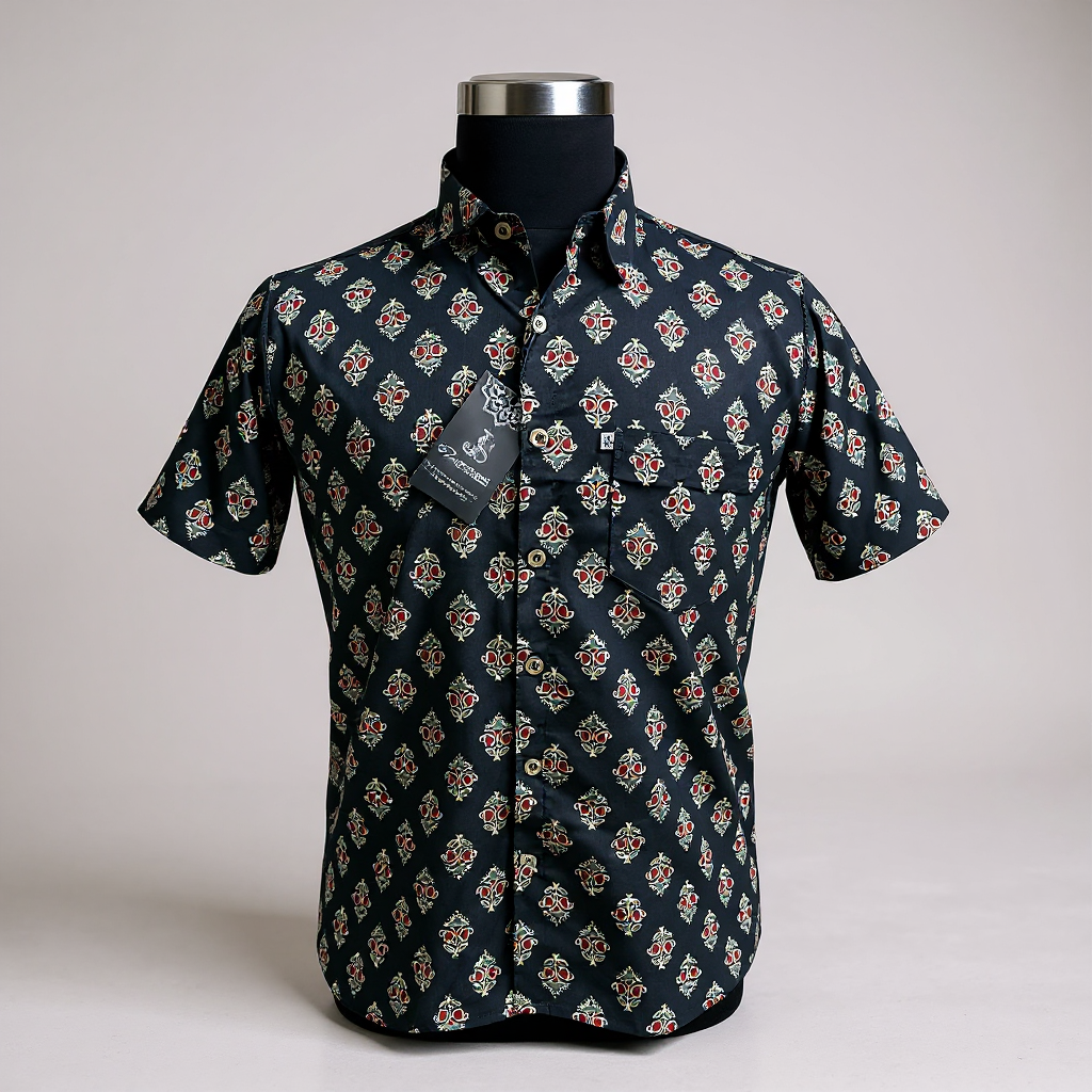 Black Mughal block printed Plus Size Mens Half Sleeves Cotton Shirt