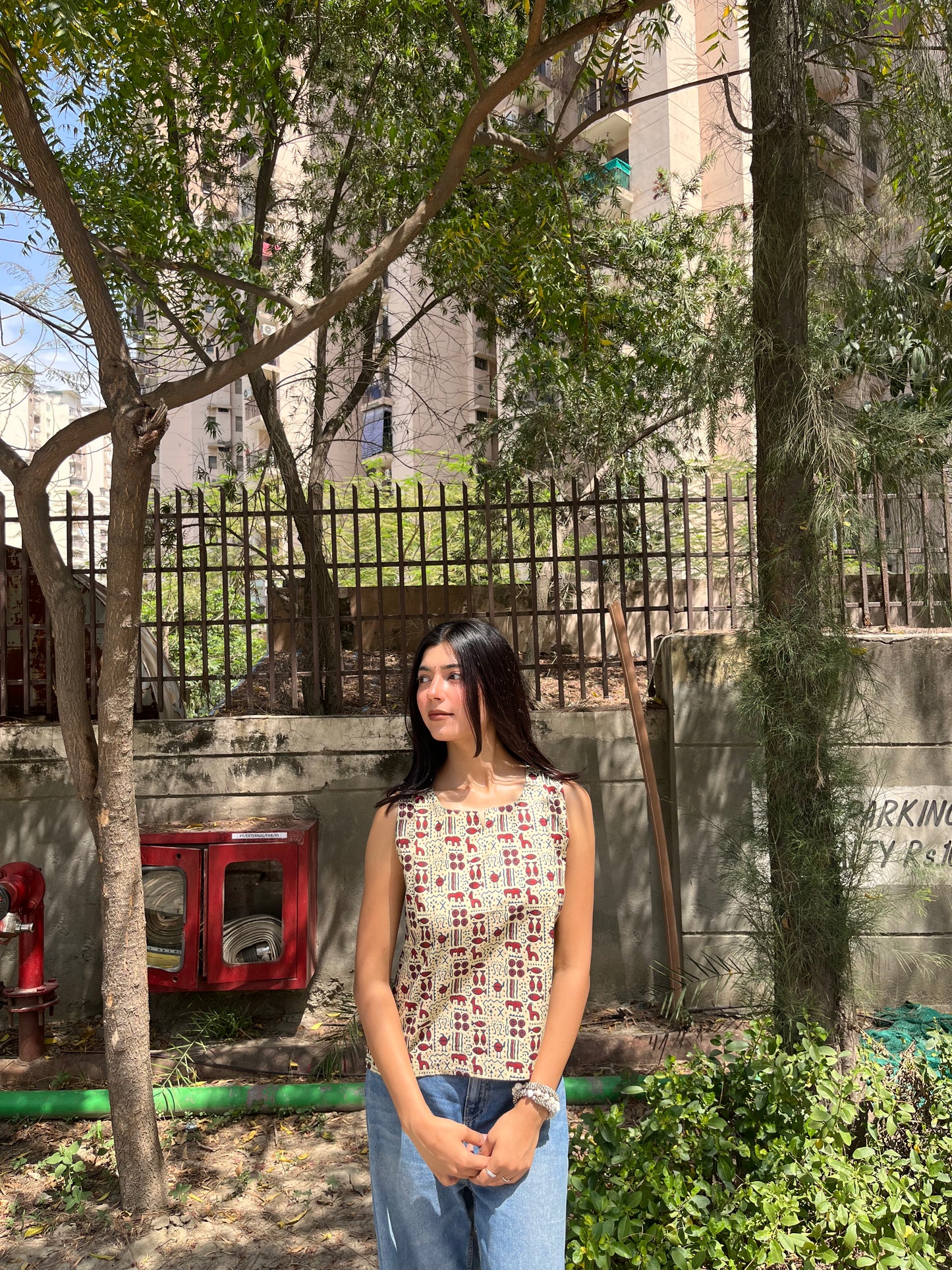 Beige Tribal Motif Print Sleeveless Cotton Crop Kurti Top for Women