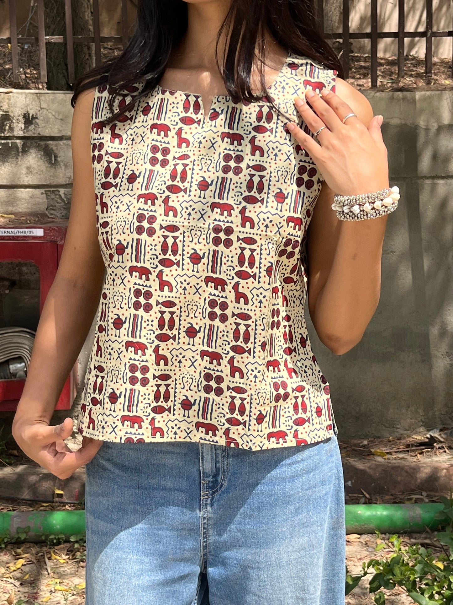 Beige Tribal Motif Print Sleeveless Cotton Crop Kurti Top for Women