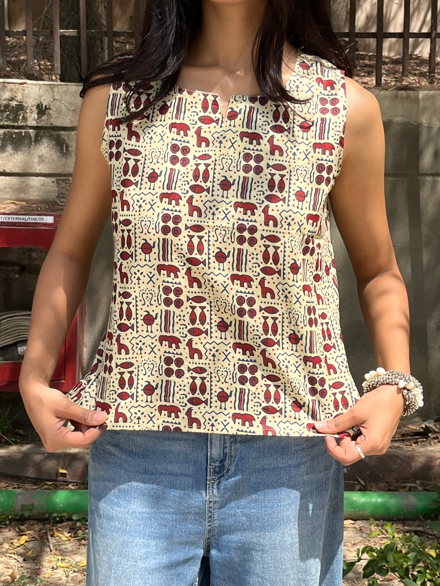 Beige Tribal Motif Print Sleeveless Cotton Crop Kurti Top for Women