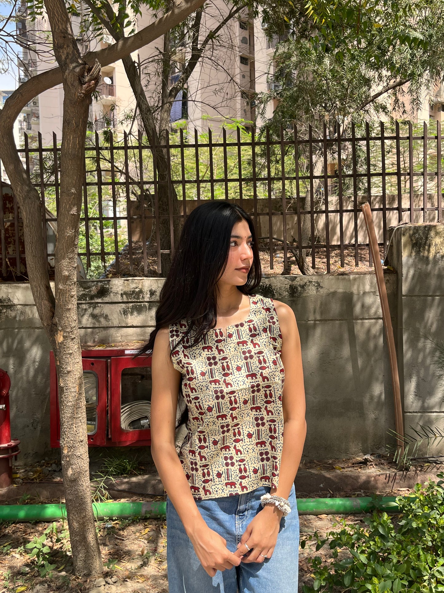 Beige Tribal Motif Print Sleeveless Cotton Crop Kurti Top for Women