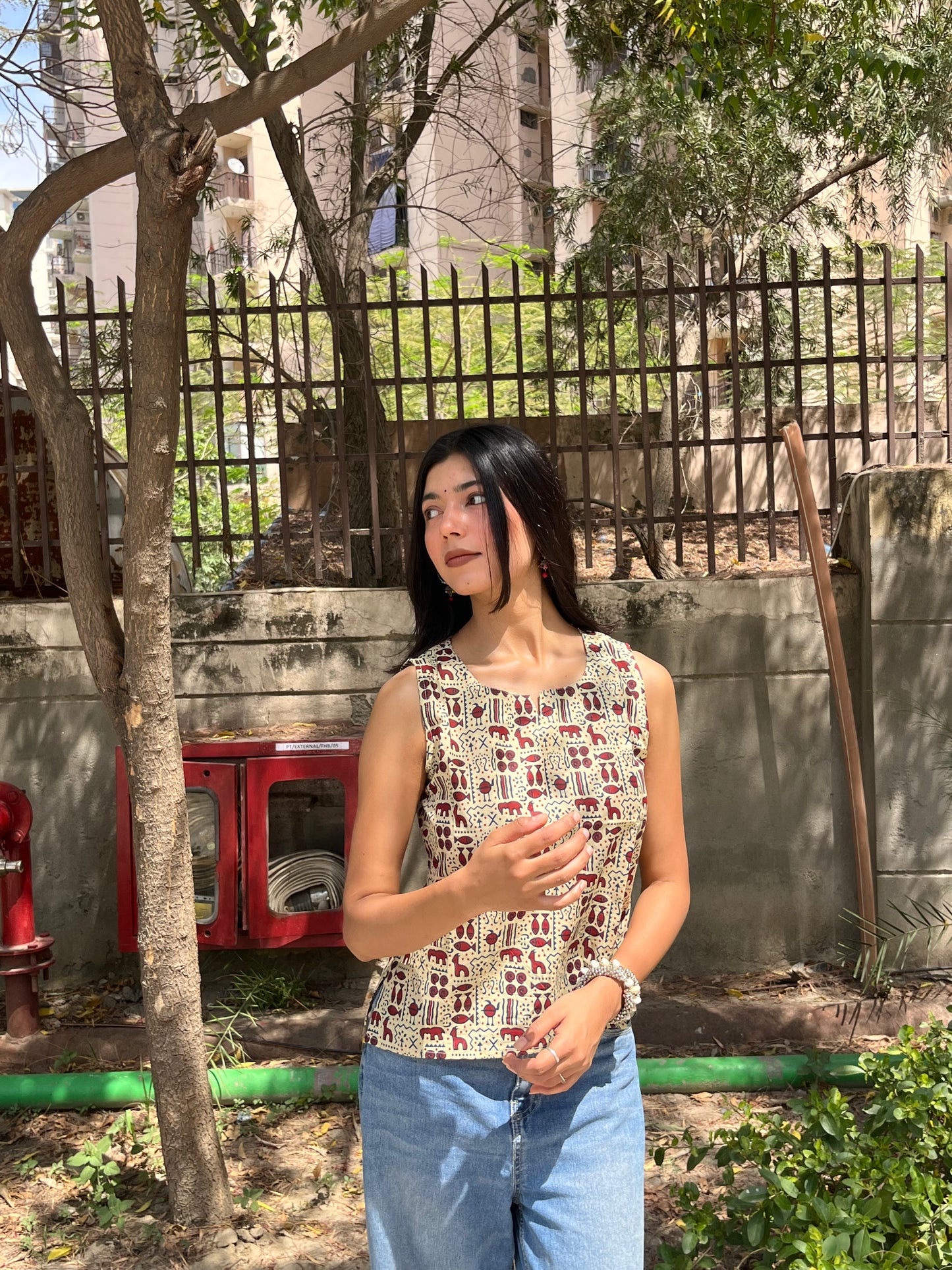 Beige Tribal Motif Print Sleeveless Cotton Crop Kurti Top for Women