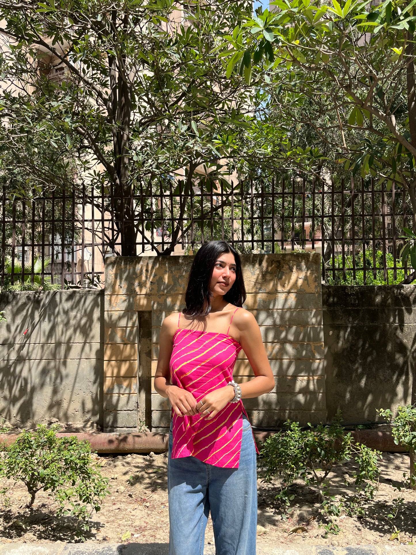 Rani Pink Leheriya Stripe Cotton Spaghetti Top for Women