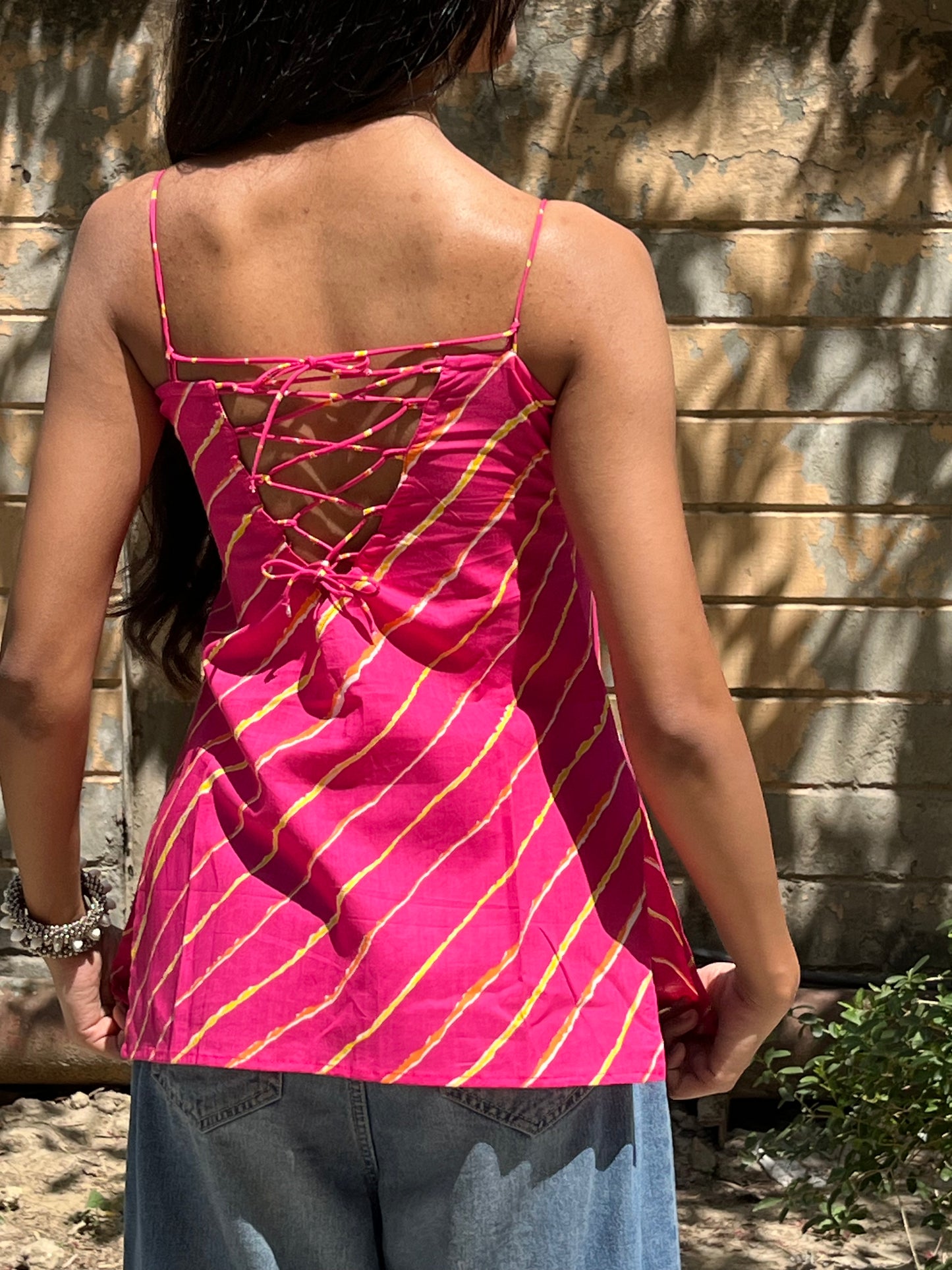 Rani Pink Leheriya Stripe Cotton Spaghetti Top for Women