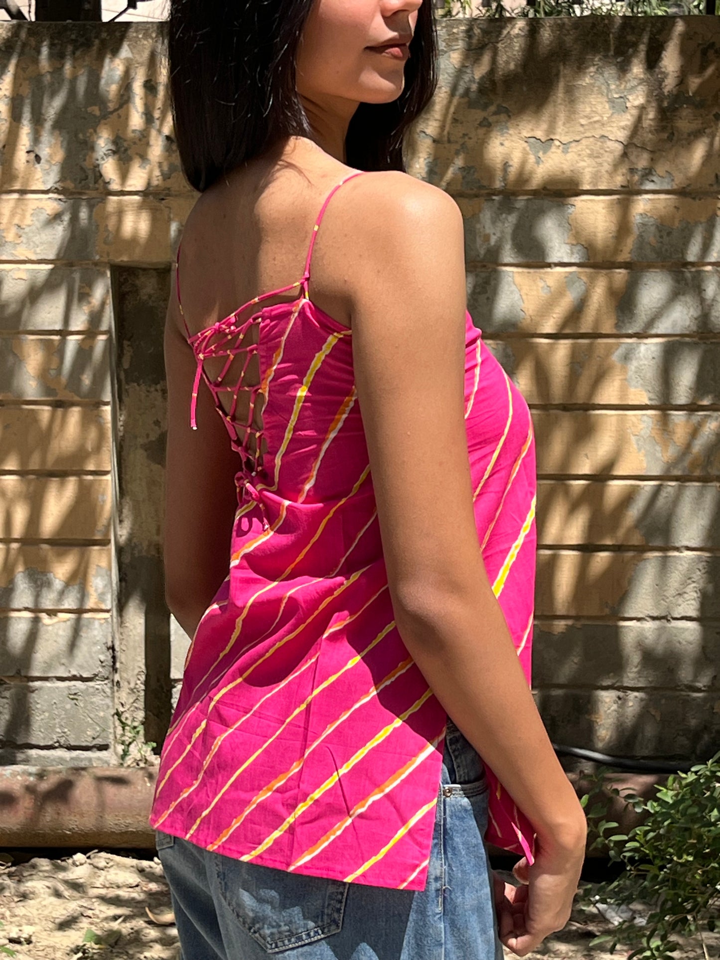 Rani Pink Leheriya Stripe Cotton Spaghetti Top for Women